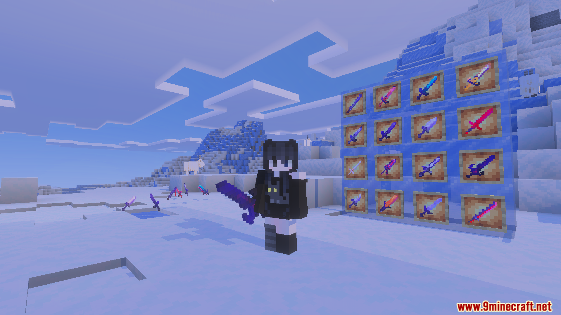 Howards More Sword Addon Screenshot 3 Minecraft character displaying various unique blades from the Howards More Sword Addon