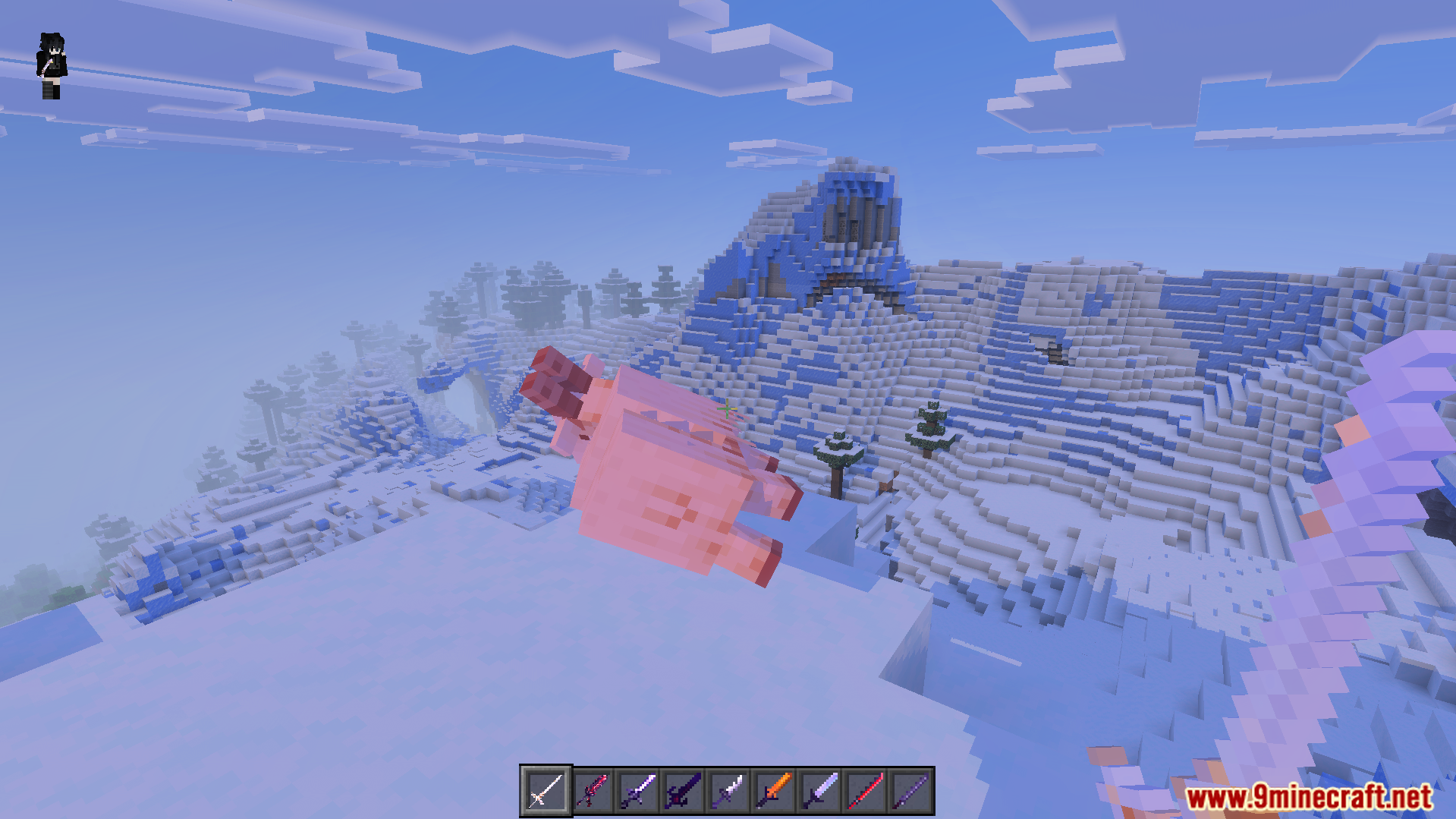 Howards More Sword Addon Screenshot 4 First person perspective showing custom swords in the hotbar and a flying pig