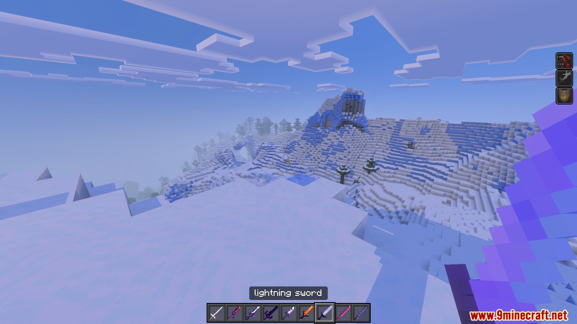 Howards More Sword Addon Screenshot 5 Howards More Sword Addon features a purple lightning sword in a snowy biome