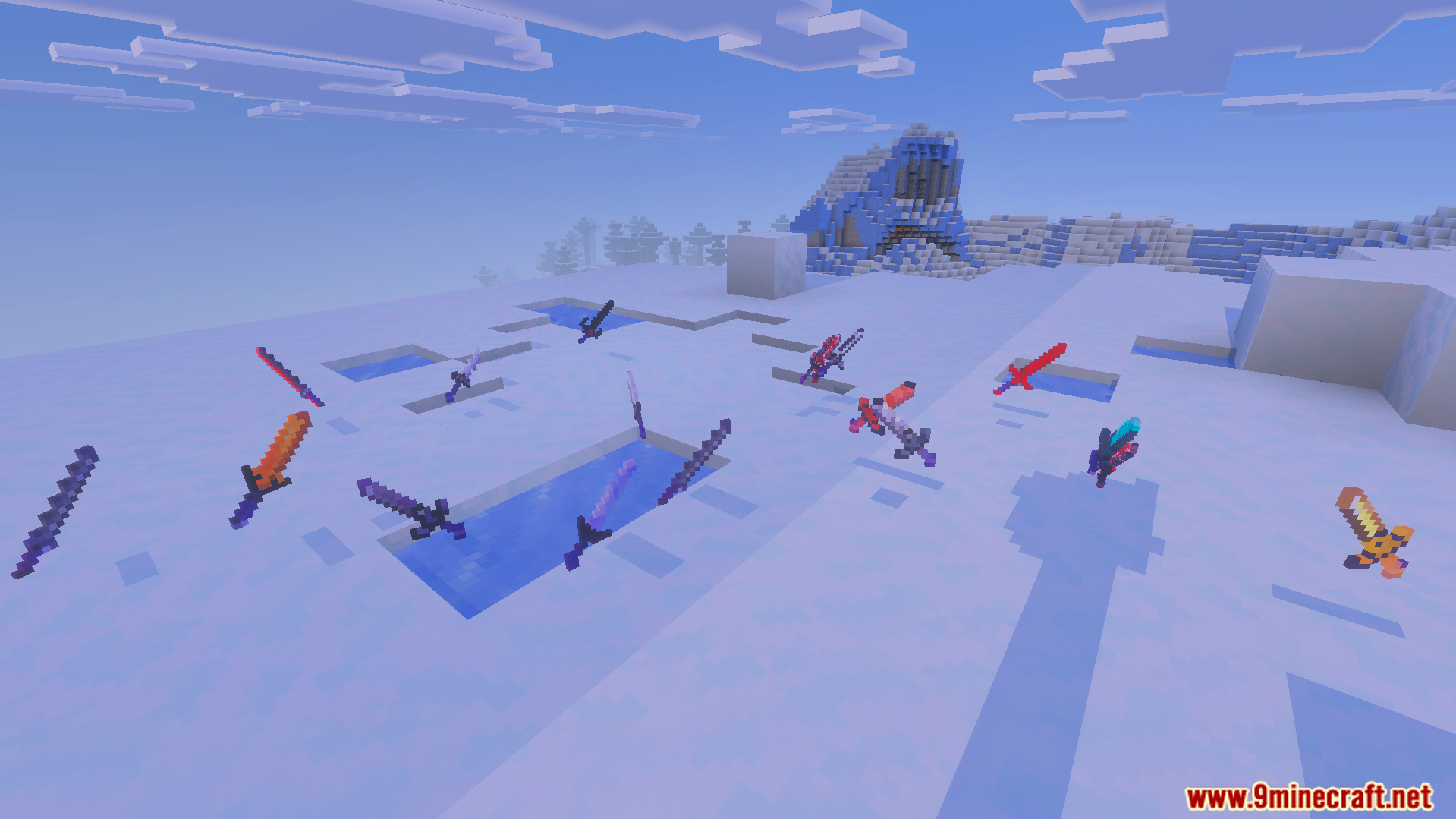 Howards More Sword Addon Screenshot 6 A collection of unique pixelated swords displayed on a snowy landscape