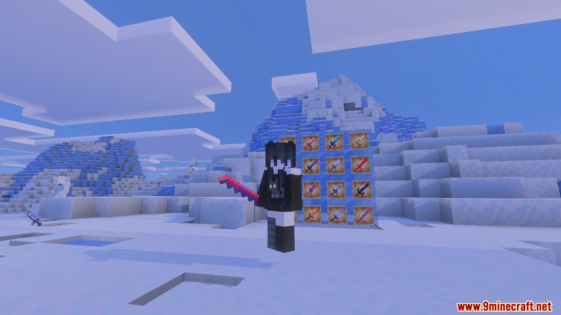 Howards More Sword Addon Screenshot 7 Minecraft player showcasing various weapons from the Howards More Sword Addon in snow