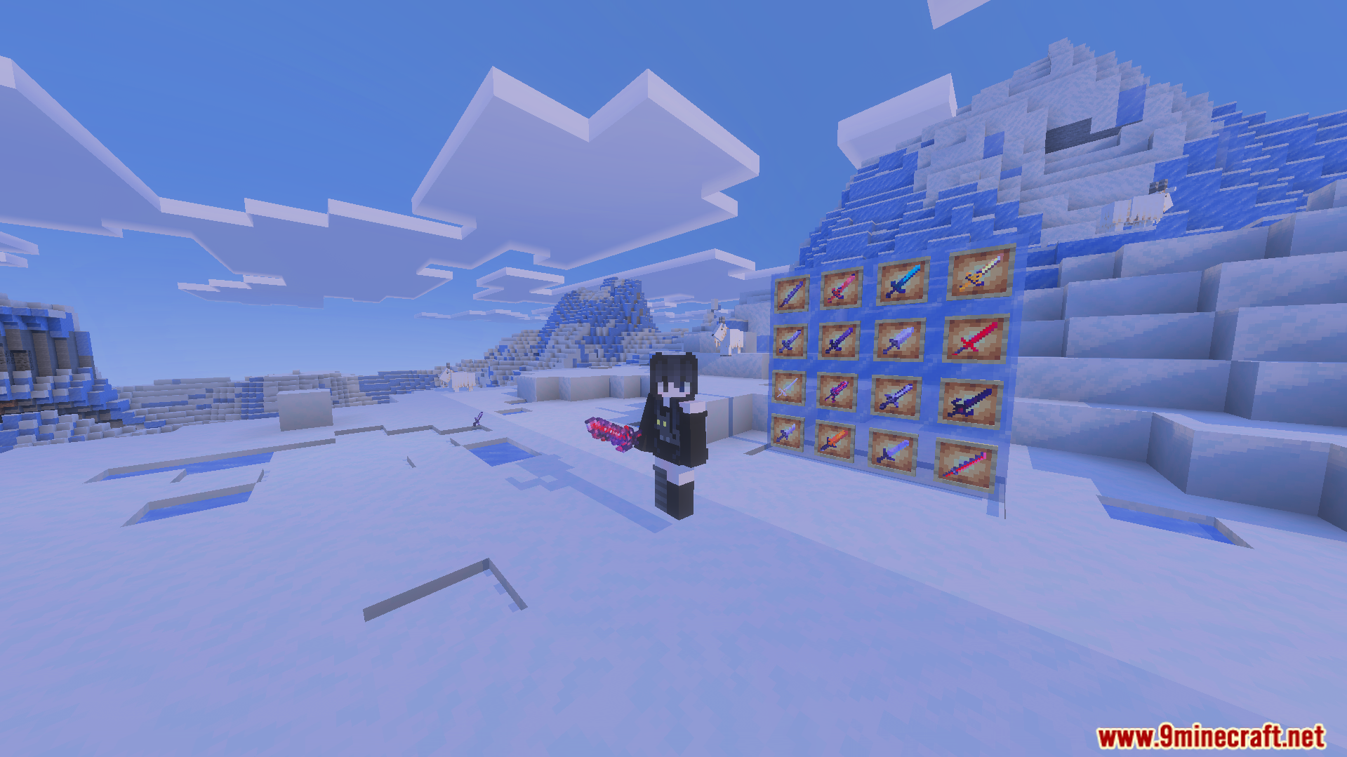 Howards More Sword Addon Screenshot 8 Character holding a custom red sword next to a wall of unique blades