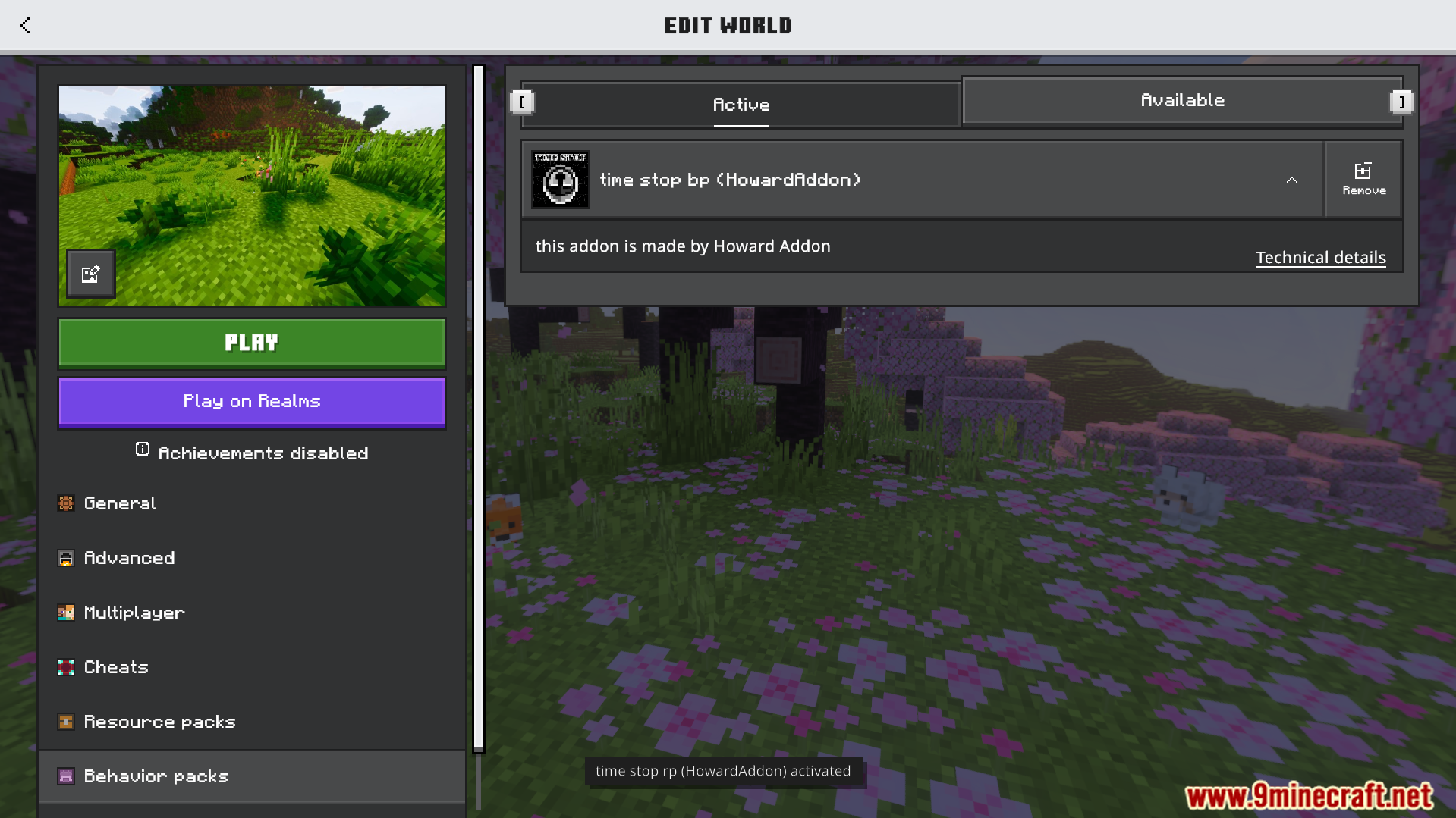 Howards Time Stop Addon Screenshot 1 Minecraft edit world screen showing the active time stop behavior pack addon