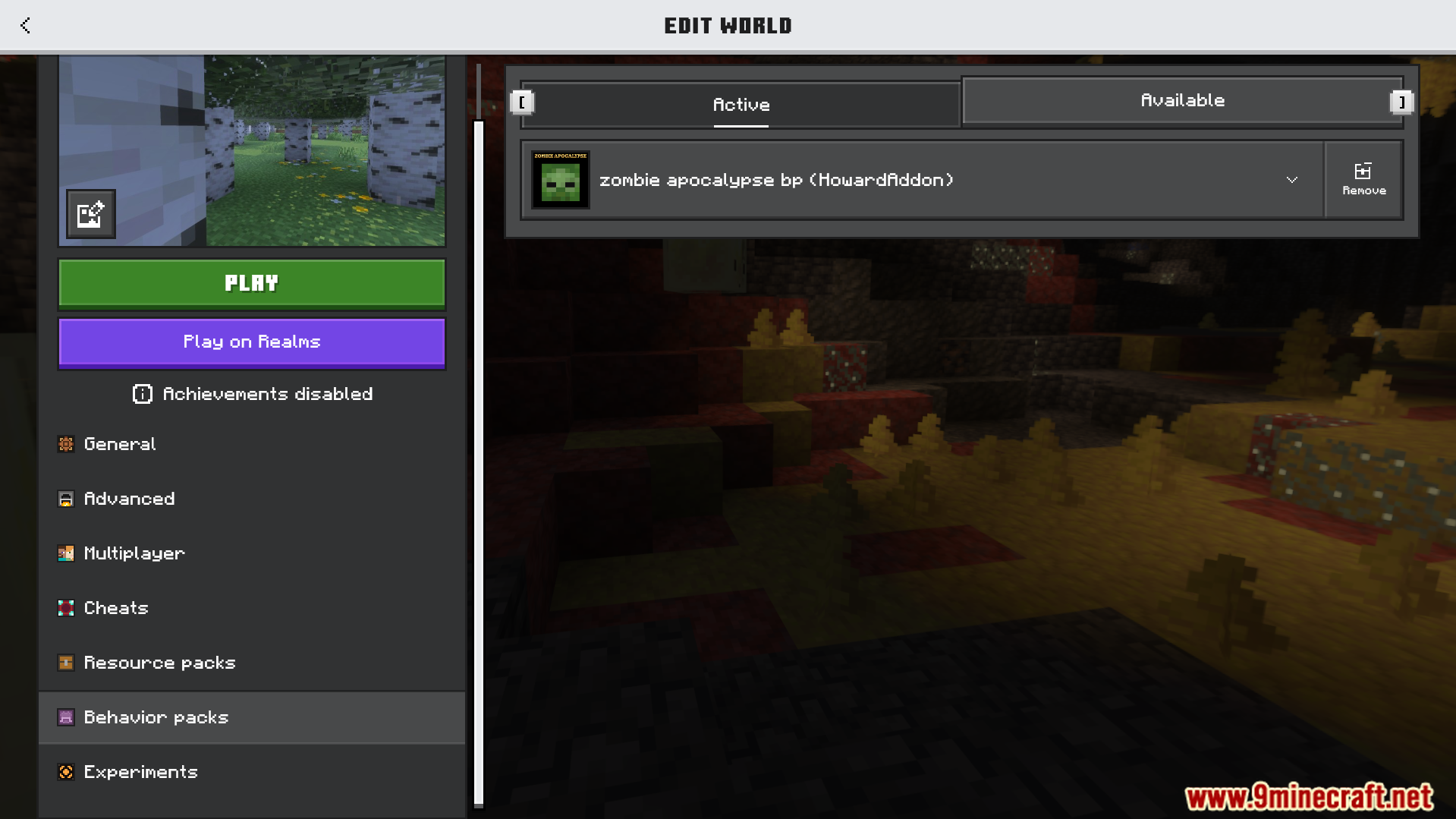 Minecraft world edit menu showing the active zombie apocalypse behavior pack