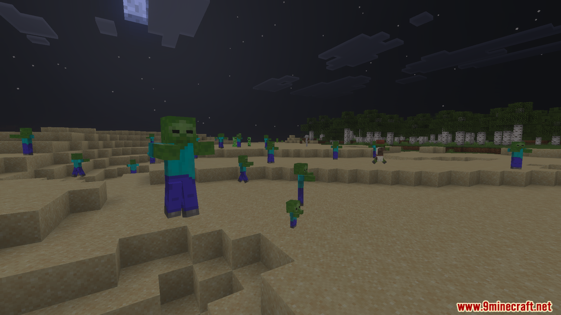 Many zombies including a giant zombie wandering through a desert at night