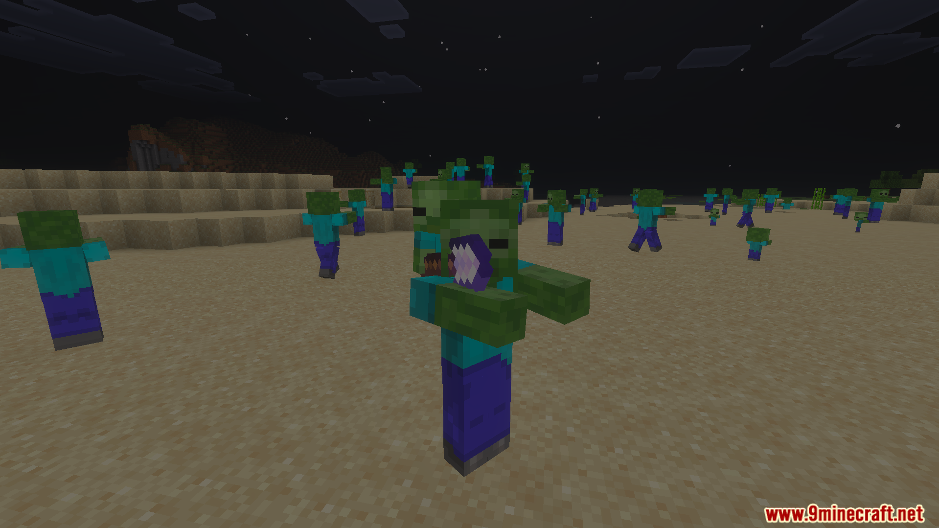 A large group of unique zombies with special behaviors in a desert