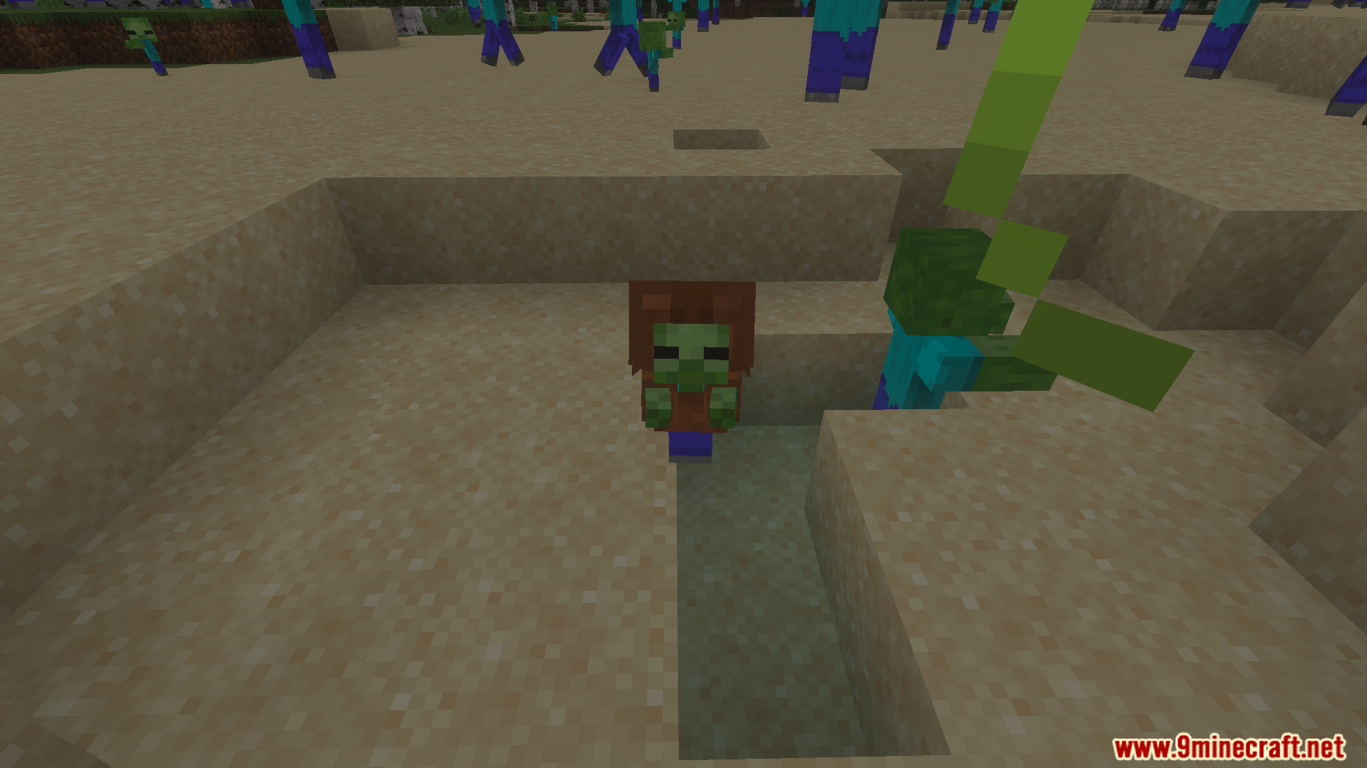 A small zombie variant with brown hair standing in a sandy hole