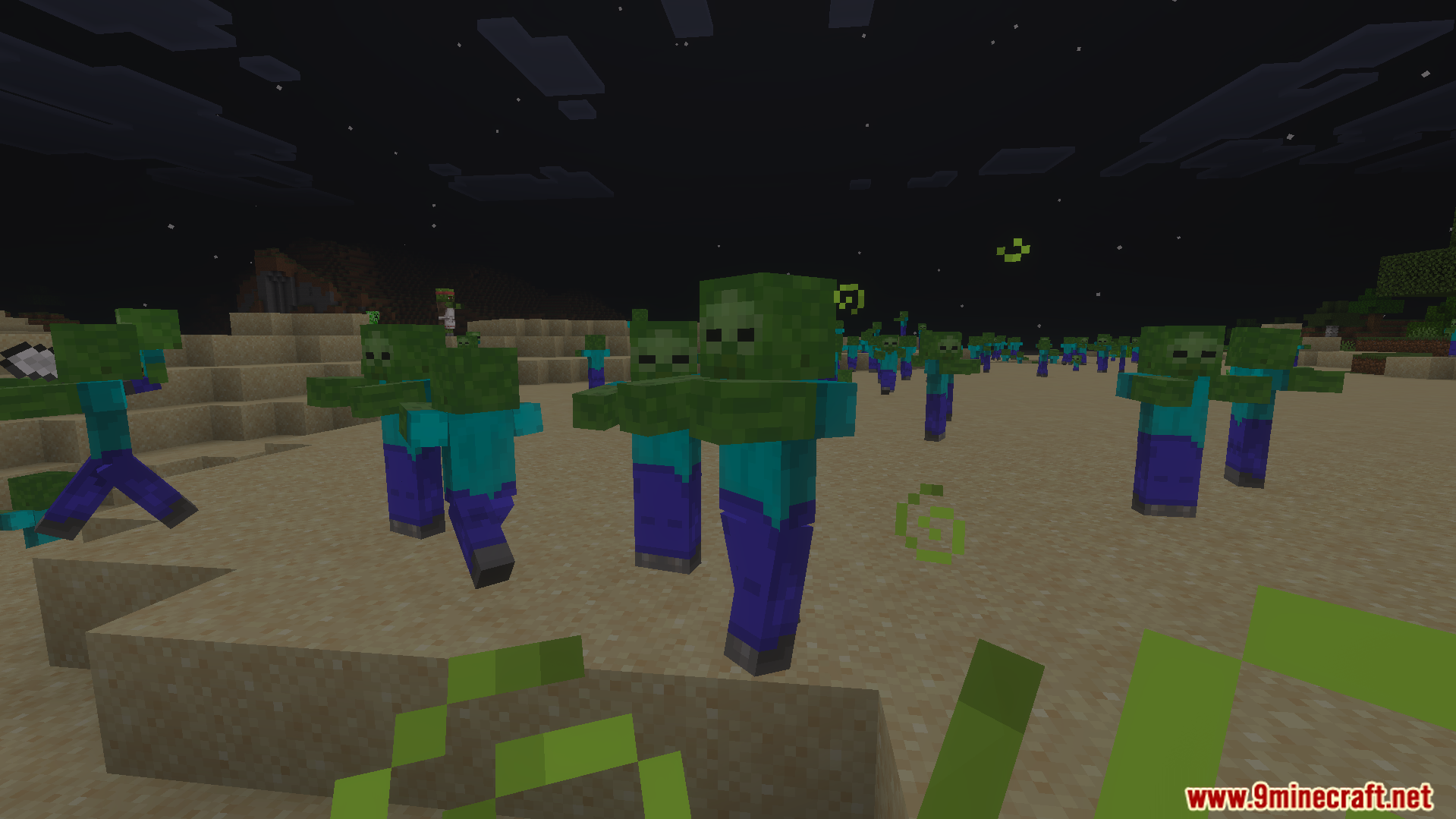 A large group of zombies gathering in a desert under the night sky