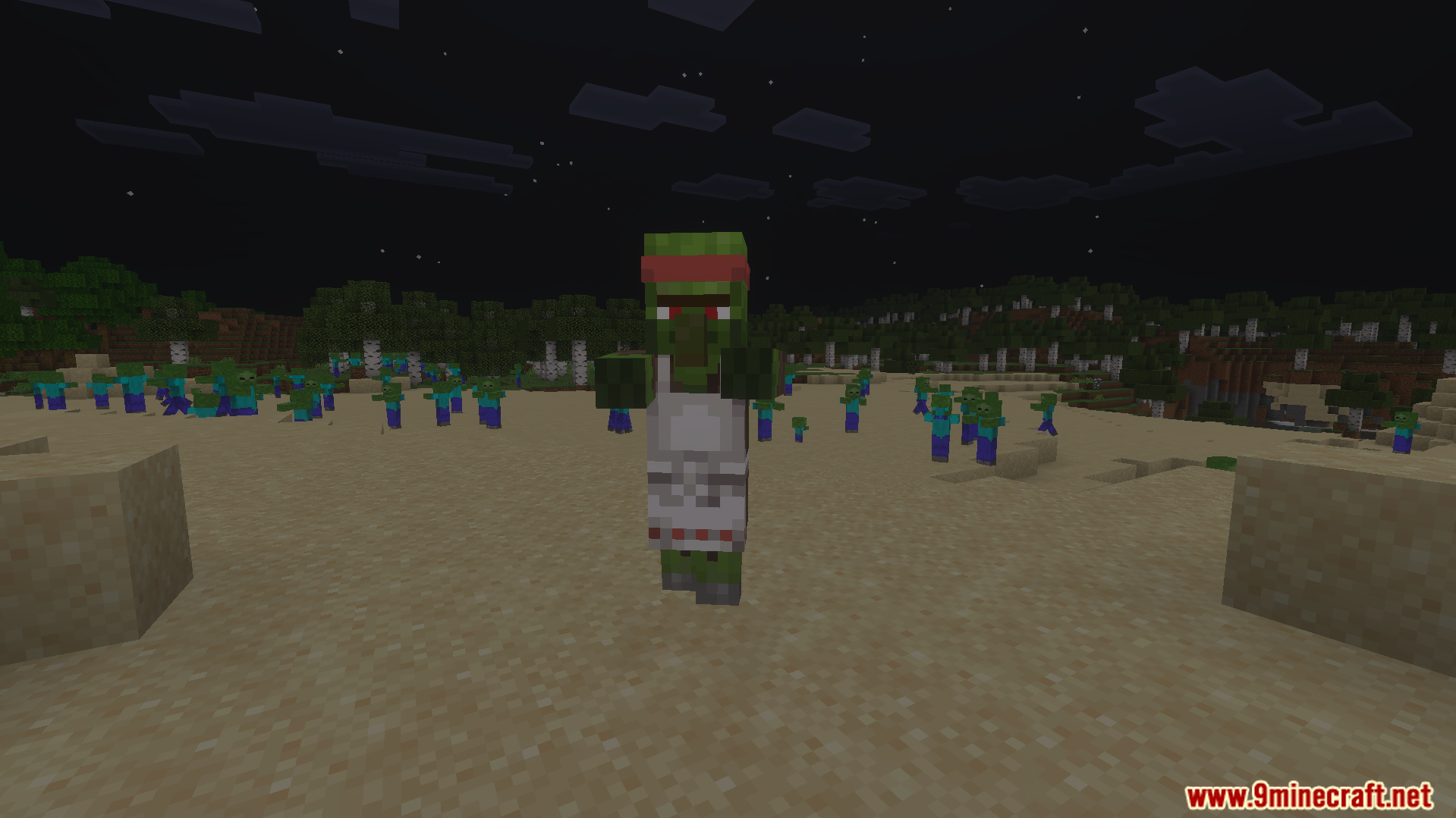 A zombie villager variant leading a large group of zombies across sand