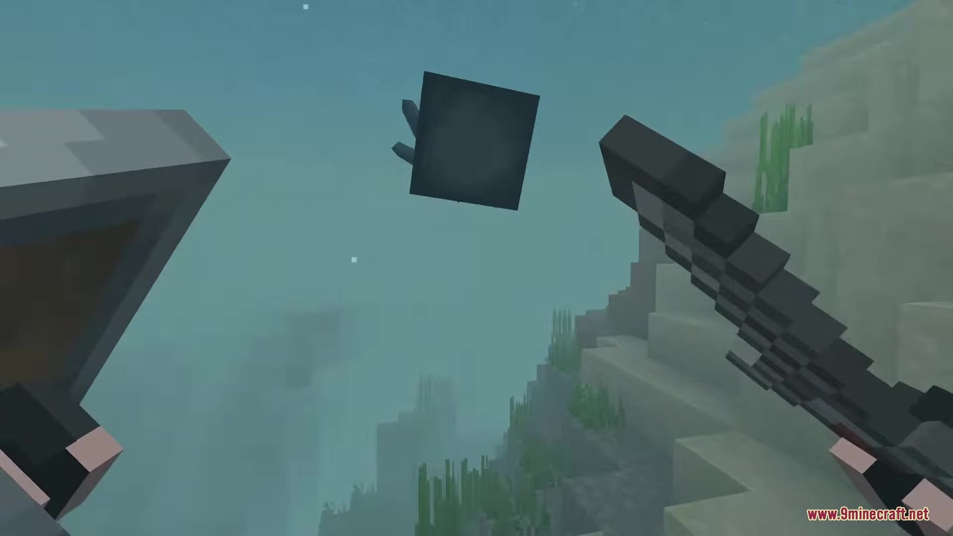 Hyper Punchy Resource Pack Screenshot 4 Player swimming underwater with a sword and shield near a dark squid