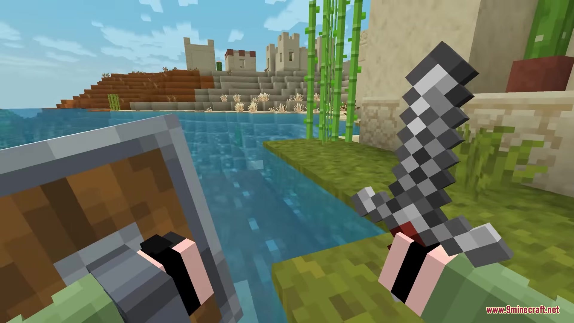 Hyper Punchy Resource Pack Screenshot 7 Player holding a sword and shield with Hyper Punchy animations near a village