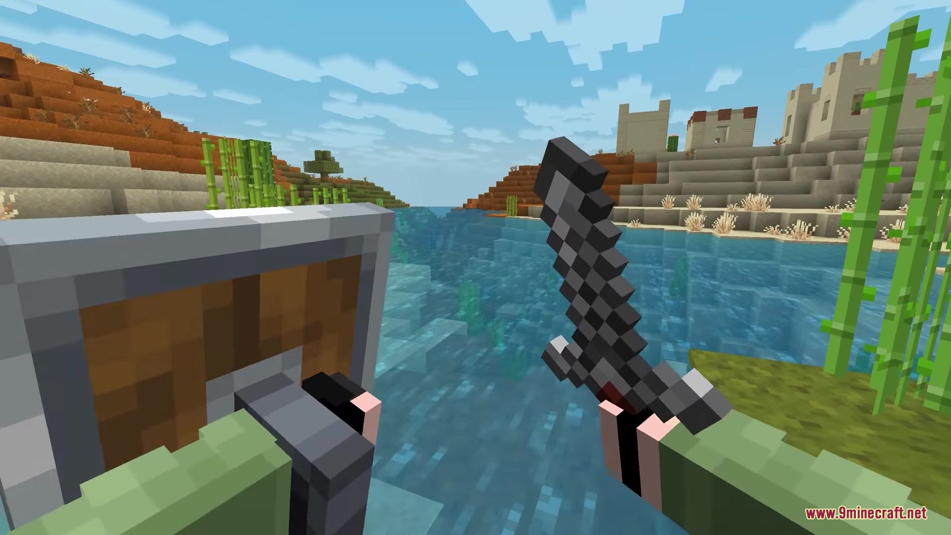 Hyper Punchy Resource Pack Screenshot 8 Smooth combat animations shown while holding a sword and shield near a river