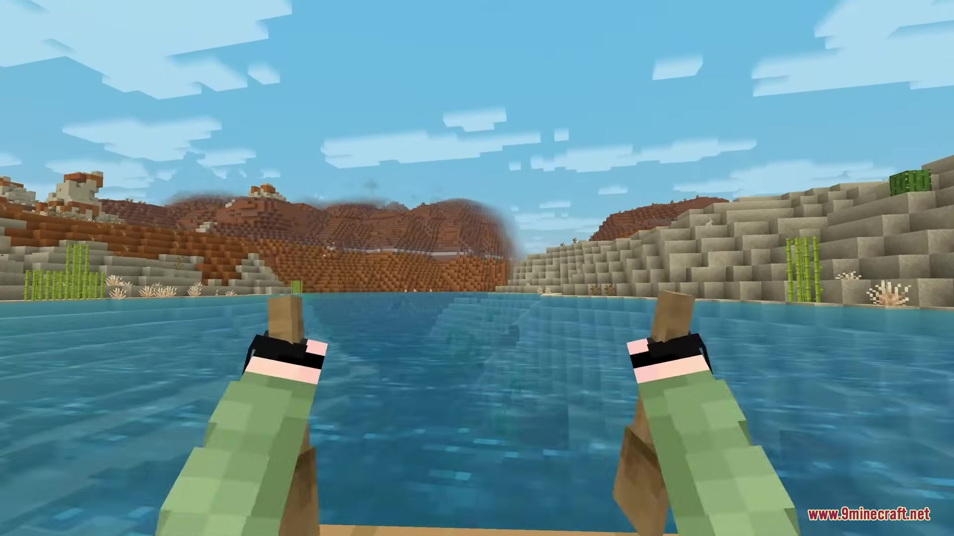 Hyper Punchy Resource Pack Screenshot 9 Player rowing a boat across a river in a mesa biome