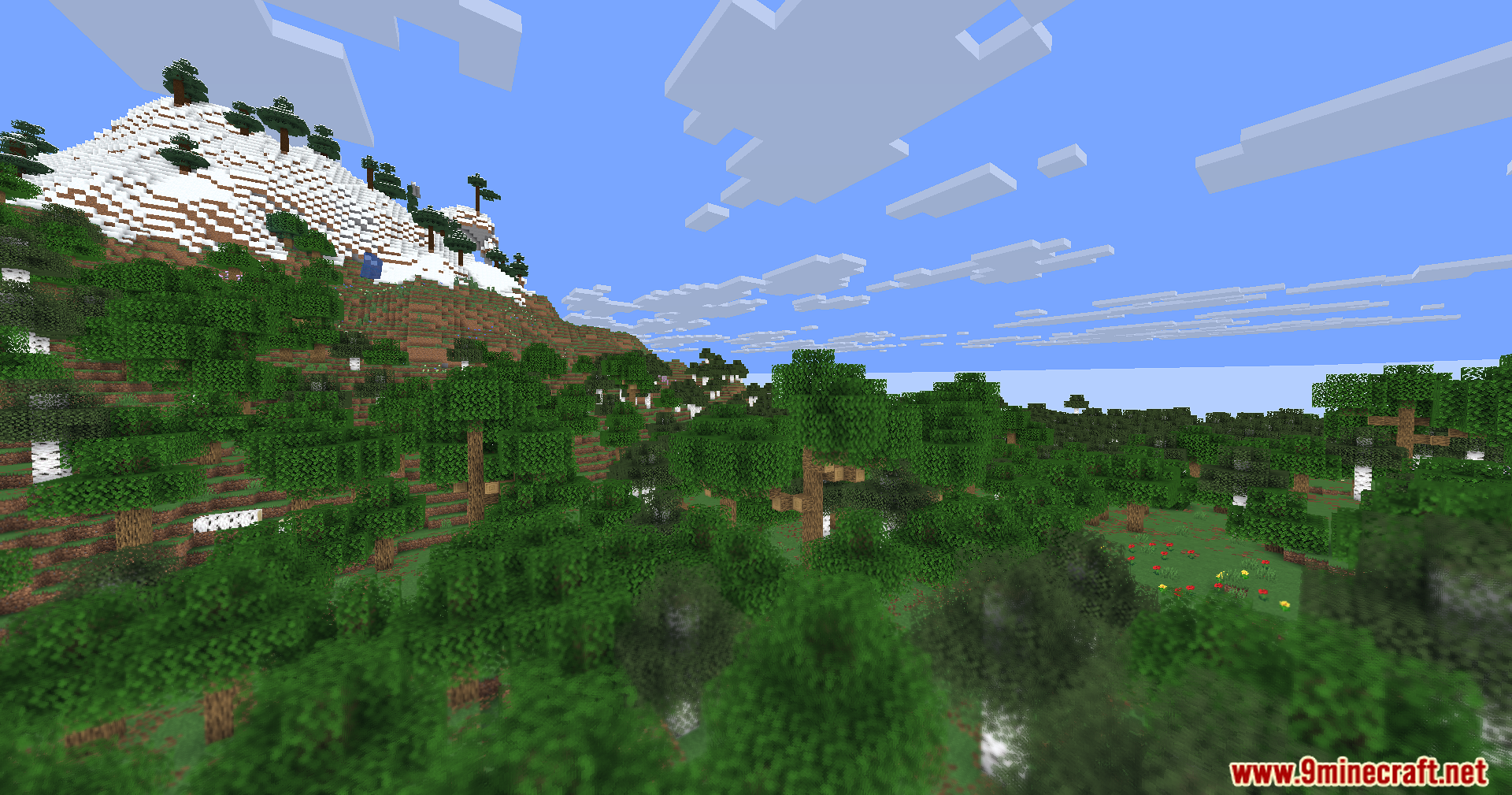 Hyperopia Shaders makes distant snowy mountains sharp while blurring the nearby green forest