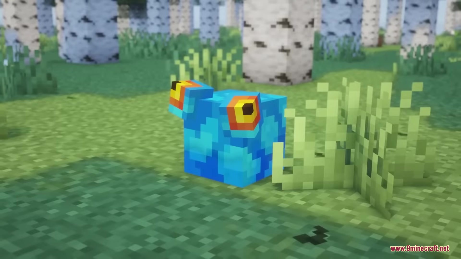 Hyrule Terrors Mod Screenshot 11 A blue Chuchu monster with large eyes sitting in a birch forest