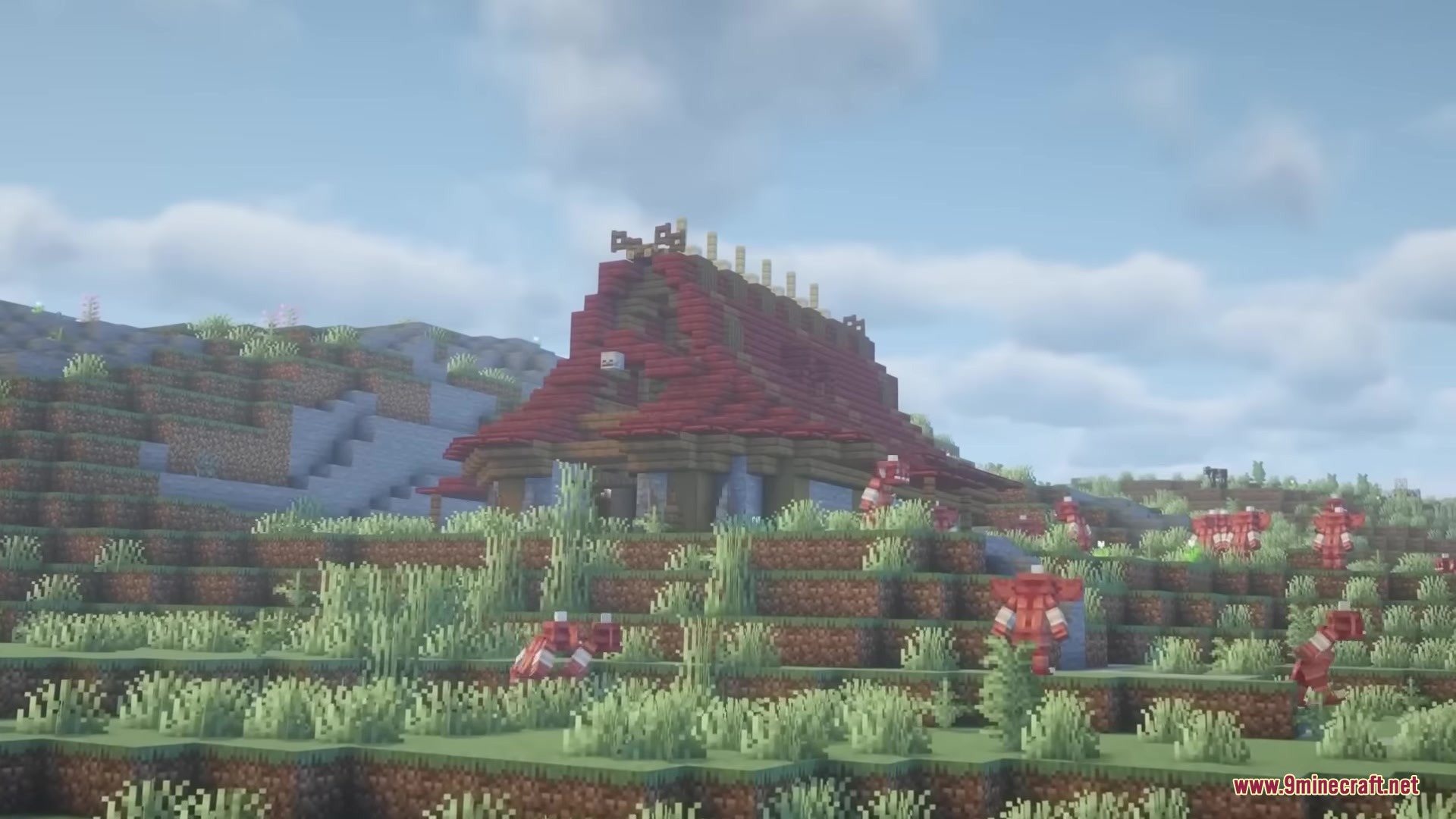 Hyrule Terrors Mod Screenshot 12 Red Bokoblins gather around a large wooden hideout on a grassy hill