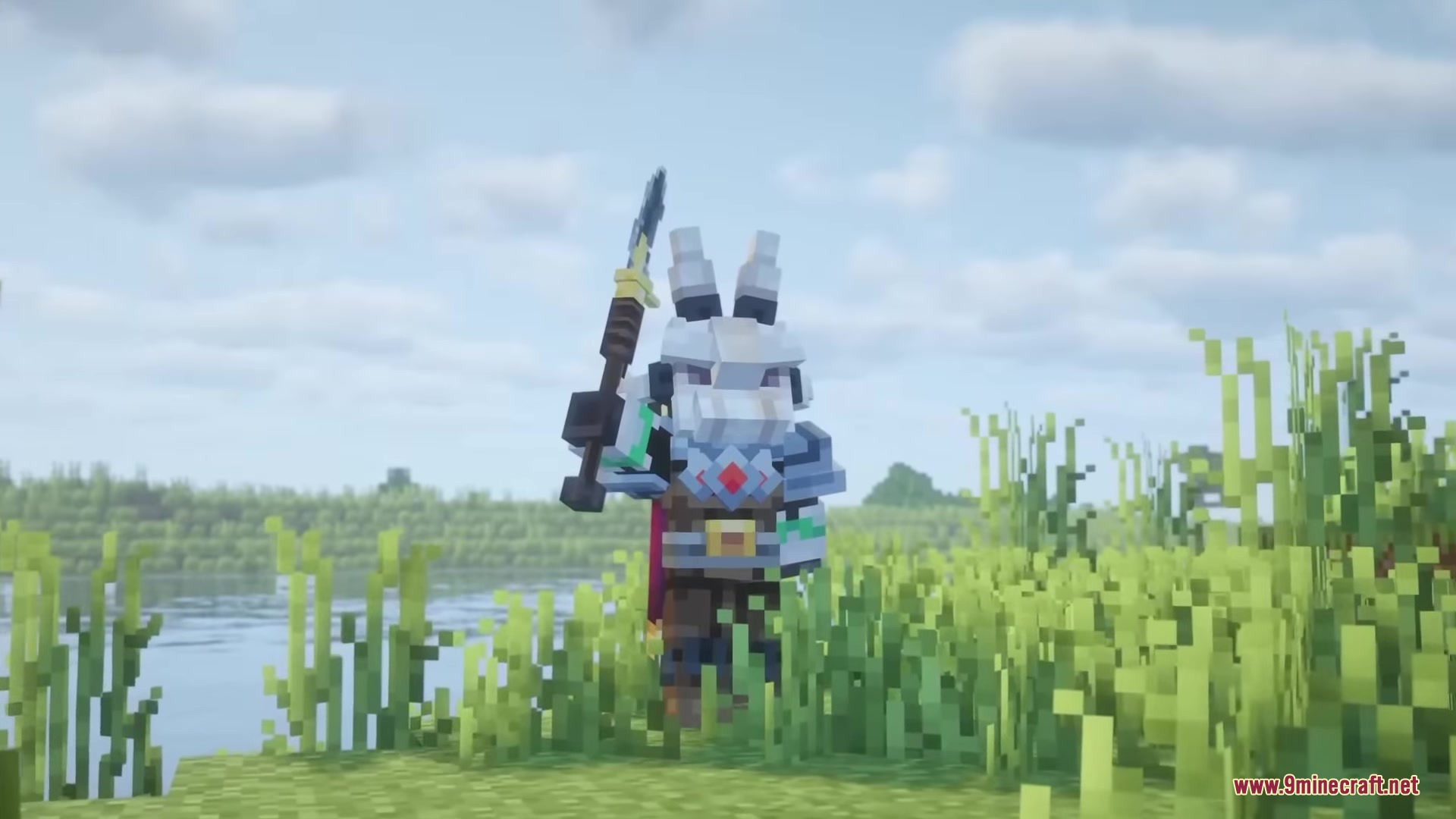 Hyrule Terrors Mod Screenshot 14 A character wearing Hyrule Terrors armor and holding a spear stands in tall grass