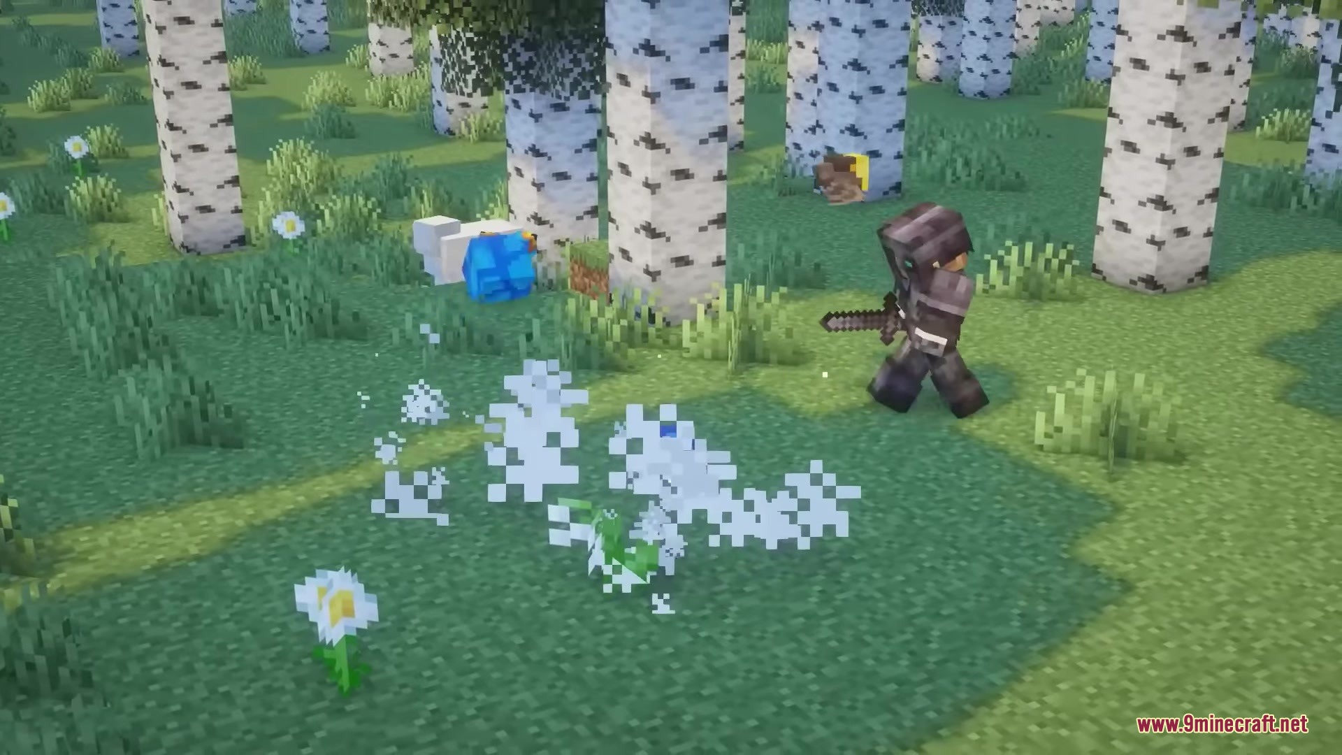 Hyrule Terrors Mod Screenshot 15 Player wearing dark armor walks through a birch forest with a blue Chuchu