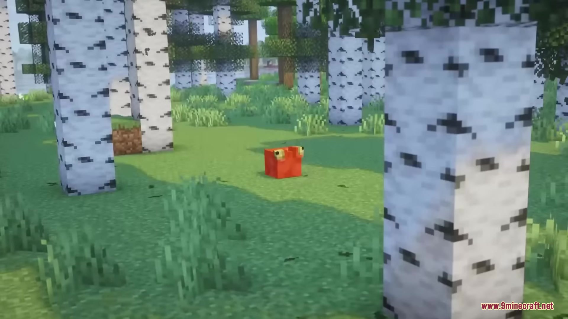 Hyrule Terrors Mod Screenshot 16 A red fire Chuchu monster stands on the grass in a birch forest