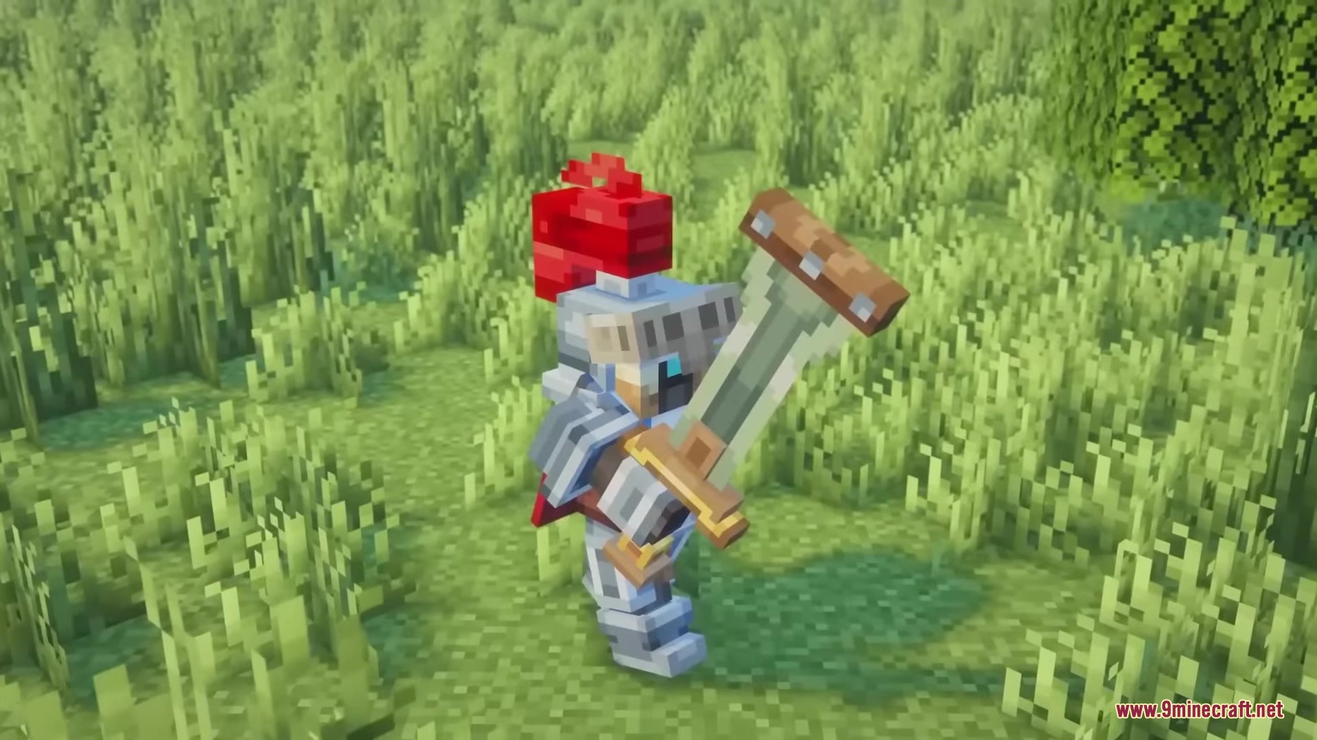 Hyrule Terrors Mod Screenshot 19 A player wearing silver knight armor holds a heavy claymore in a grassy field