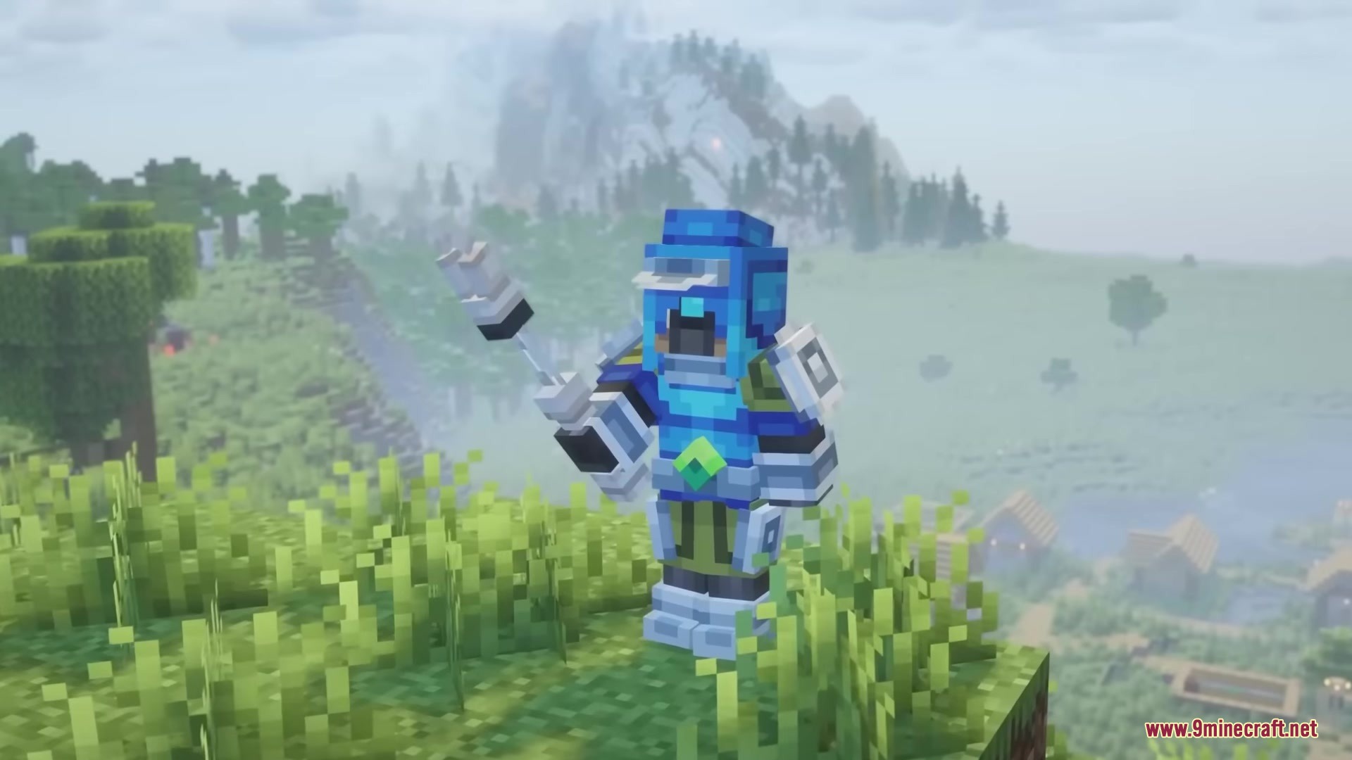 Hyrule Terrors Mod Screenshot 3 A player wearing blue Zora Armor stands on a hill overlooking a village