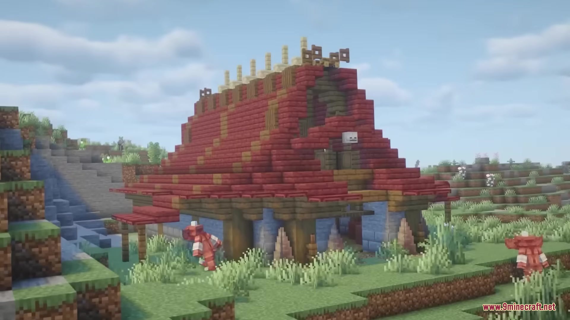 Hyrule Terrors Mod Screenshot 5 A large wooden house with a red roof and Bokoblin mobs outside in Minecraft