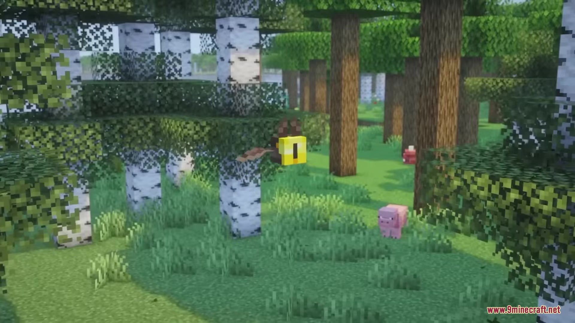 Hyrule Terrors Mod Screenshot 6 A yellow Keese monster flies through a birch forest near a pink pig