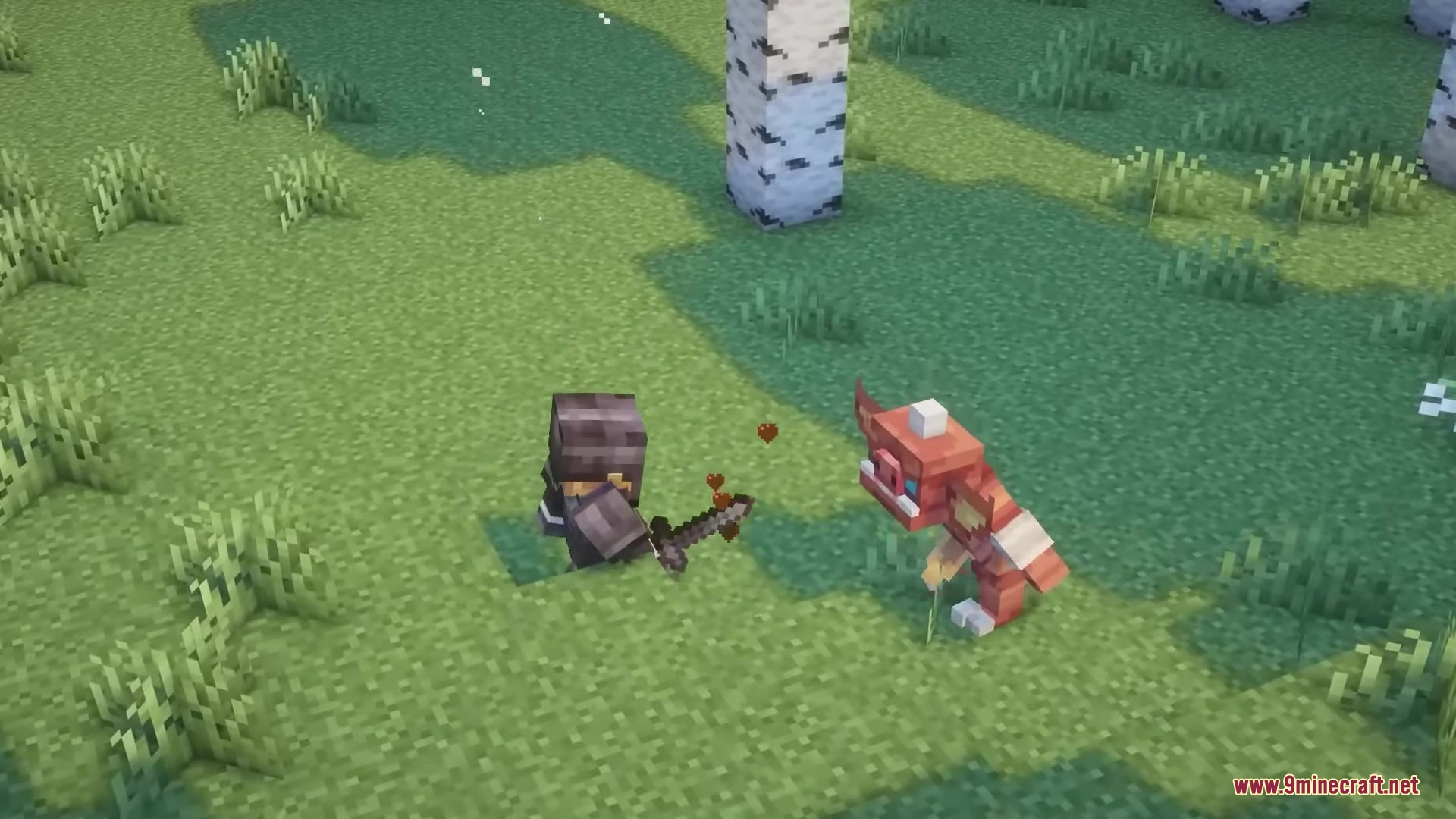 Hyrule Terrors Mod Screenshot 8 A player in dark armor fights a red Bokoblin in a birch forest