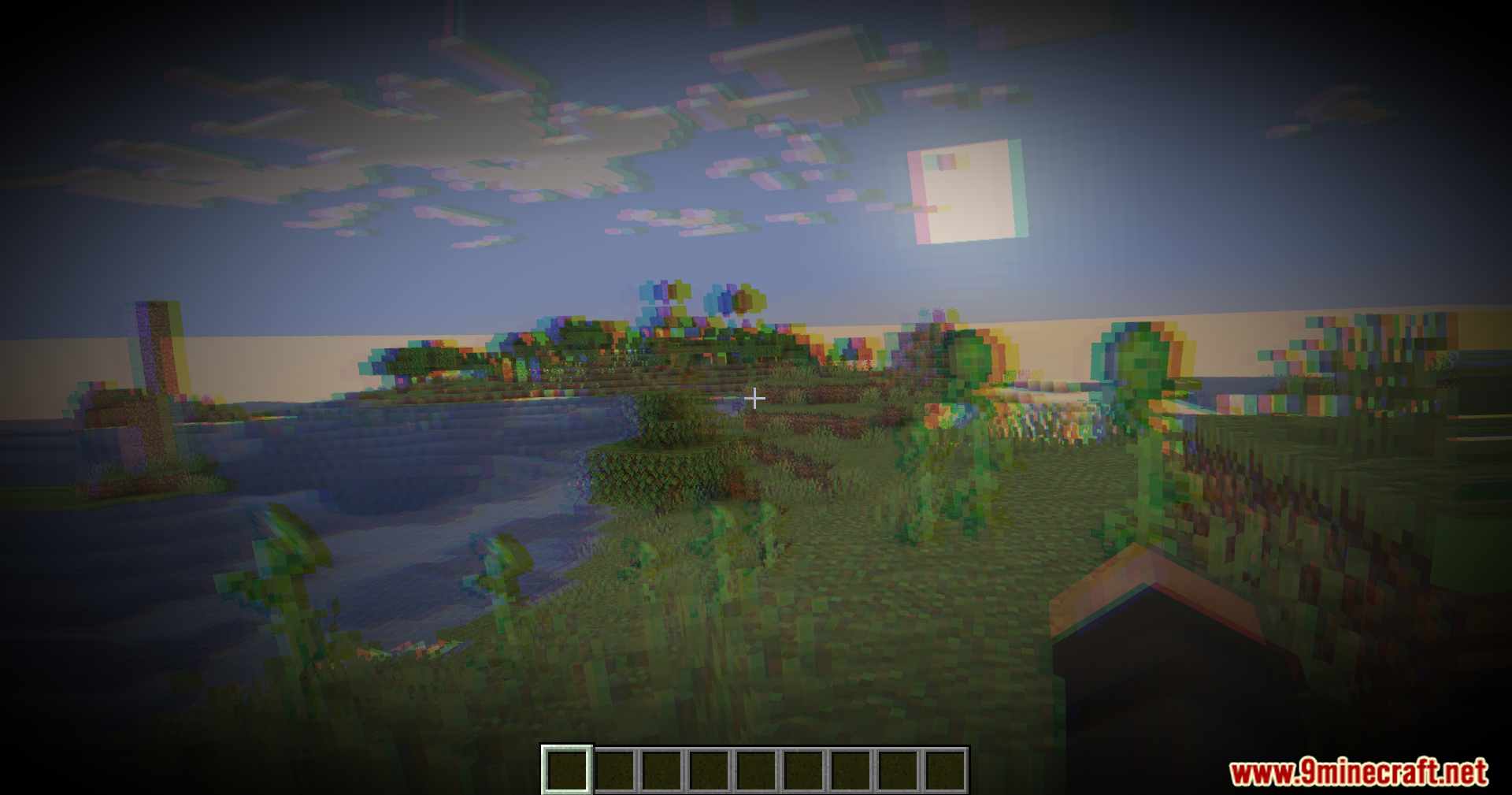 Minecraft landscape seen through a dizzying lens with blurred colors and double vision