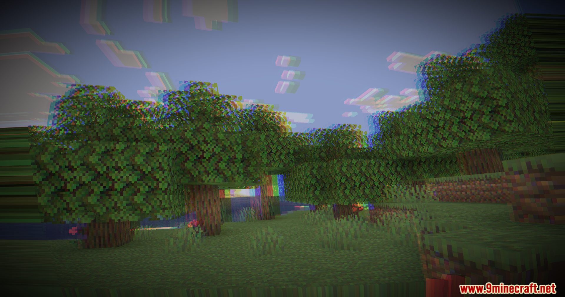 Distorted landscape of oak trees and water with a heavy color splitting effect