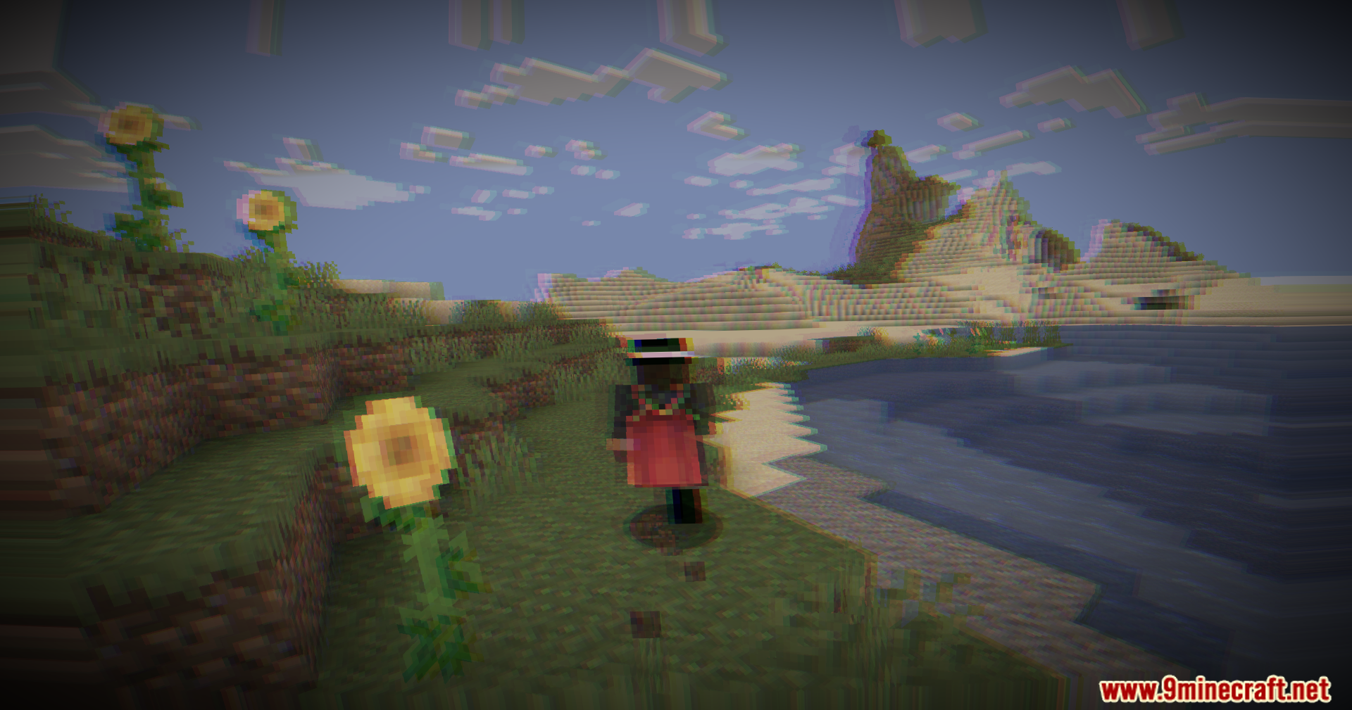 Player character walking in a field with sunflowers and a dizzying screen distortion