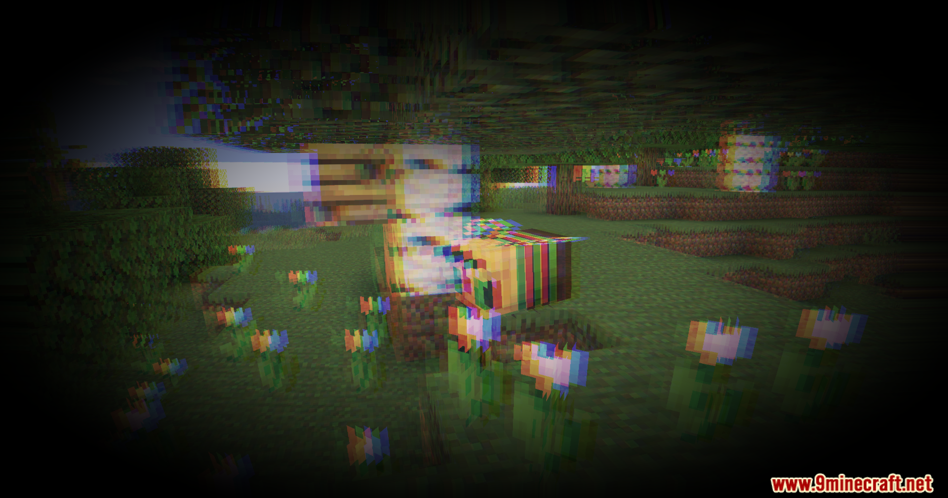 A Minecraft bee near flowers with a dizzying double vision glitch effect