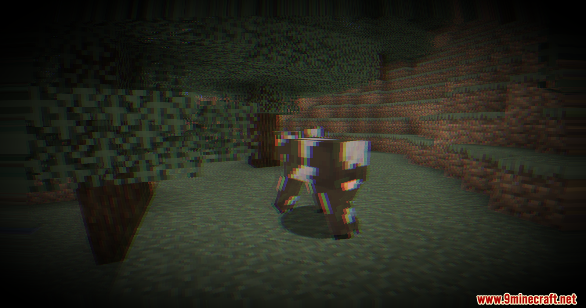 A cow in a forest with a warped and distorted screen effect