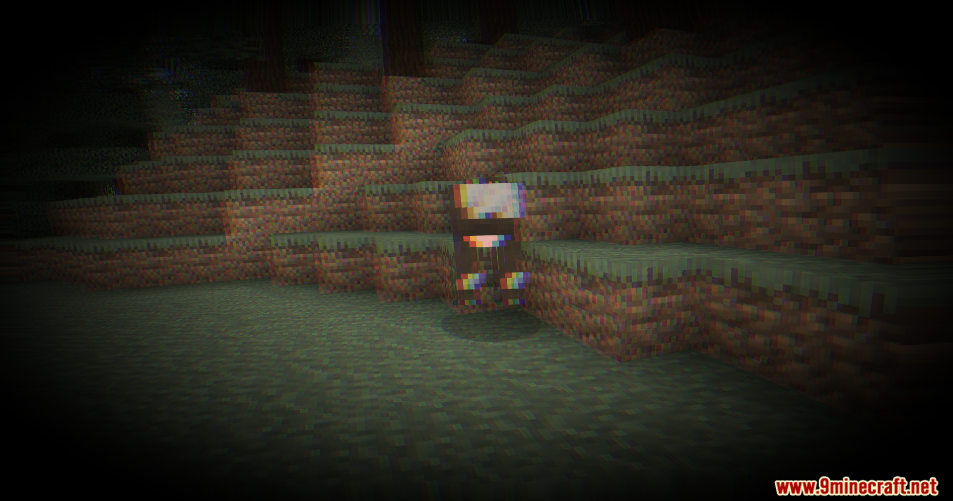 A cow in a dark forest with a distorted and blurry visual effect