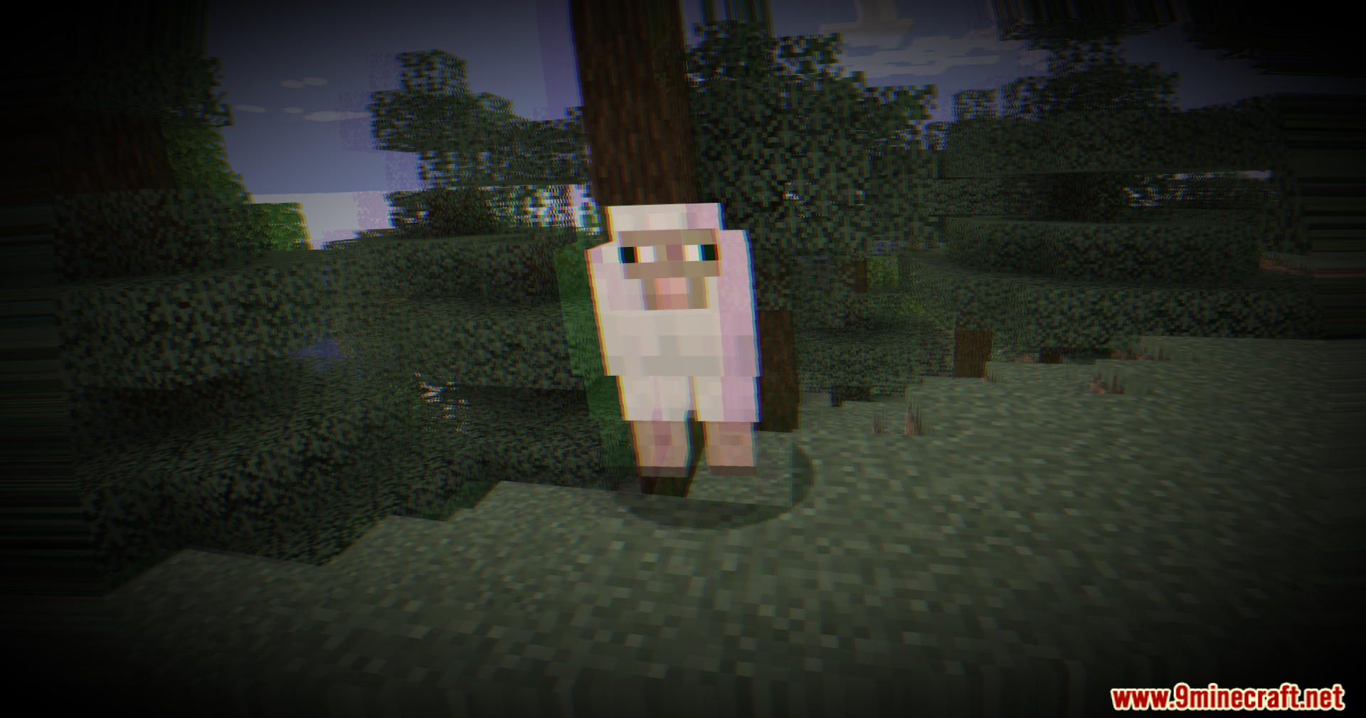 A sheep in a forest with double vision and split color shader effects