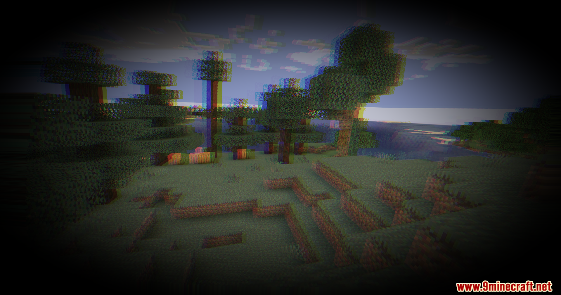 Minecraft forest landscape with heavy chromatic aberration and a dizzying visual effect