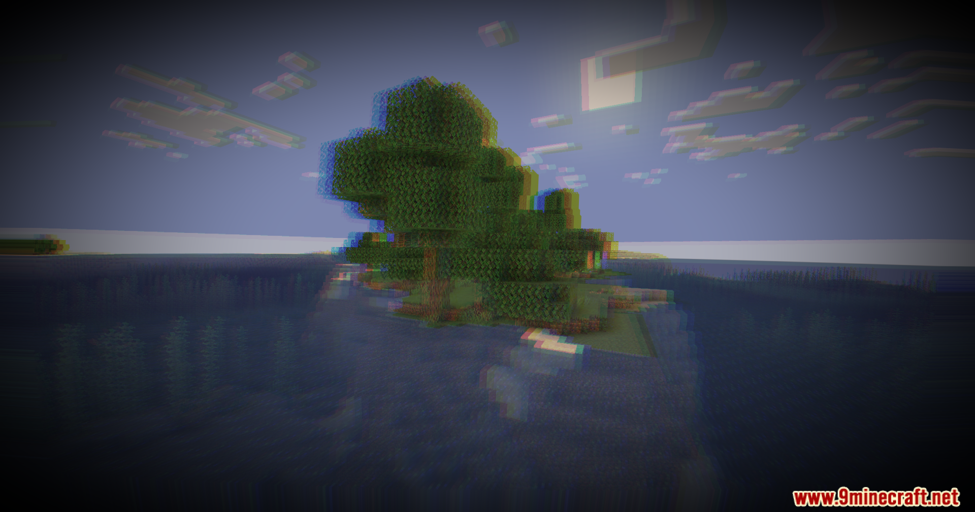 Small island tree viewed through a warped and blurry camera lens effect