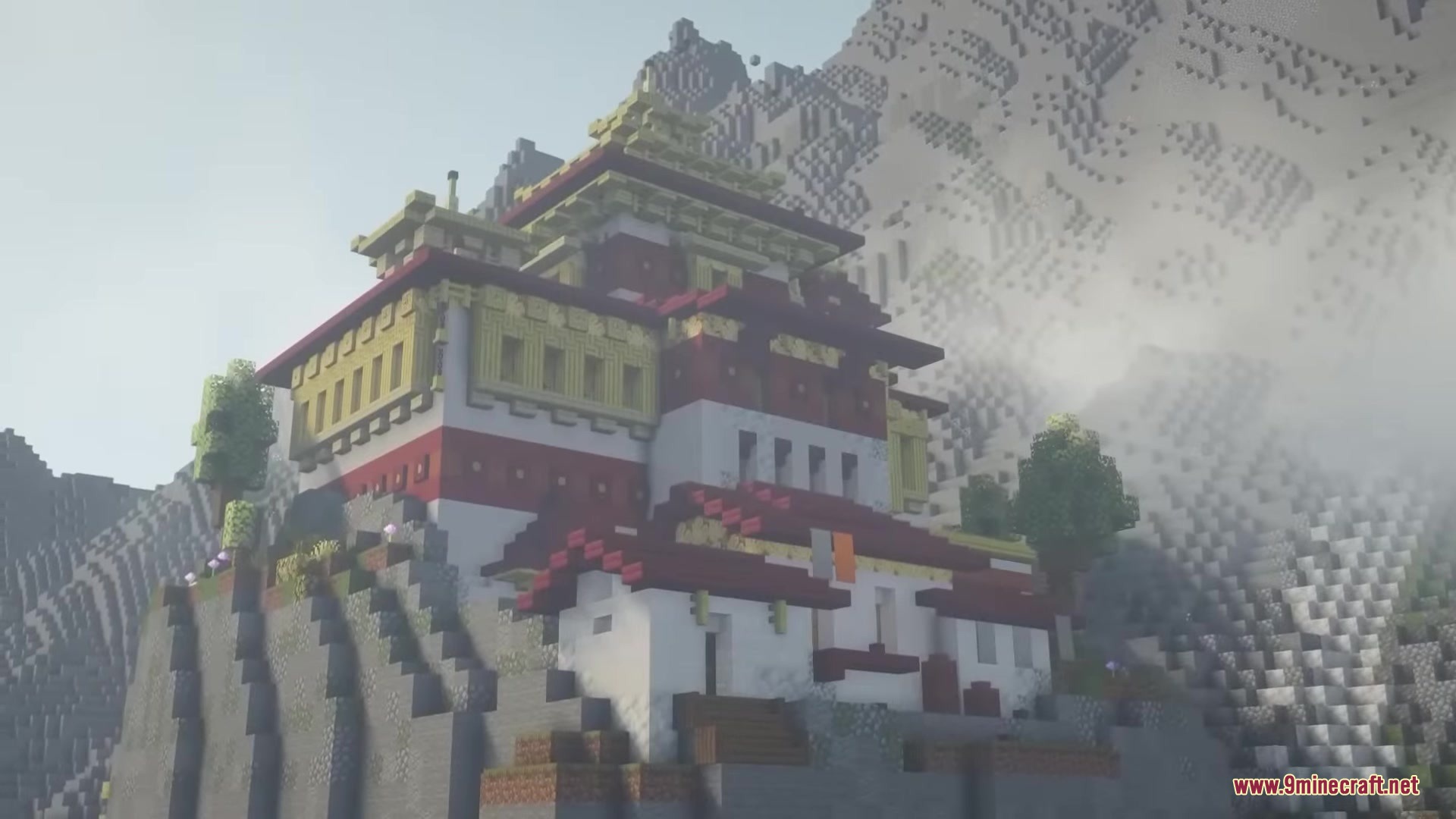 Illager Structures Mod Screenshot 1 A large monastery built into the side of a steep snowy mountain