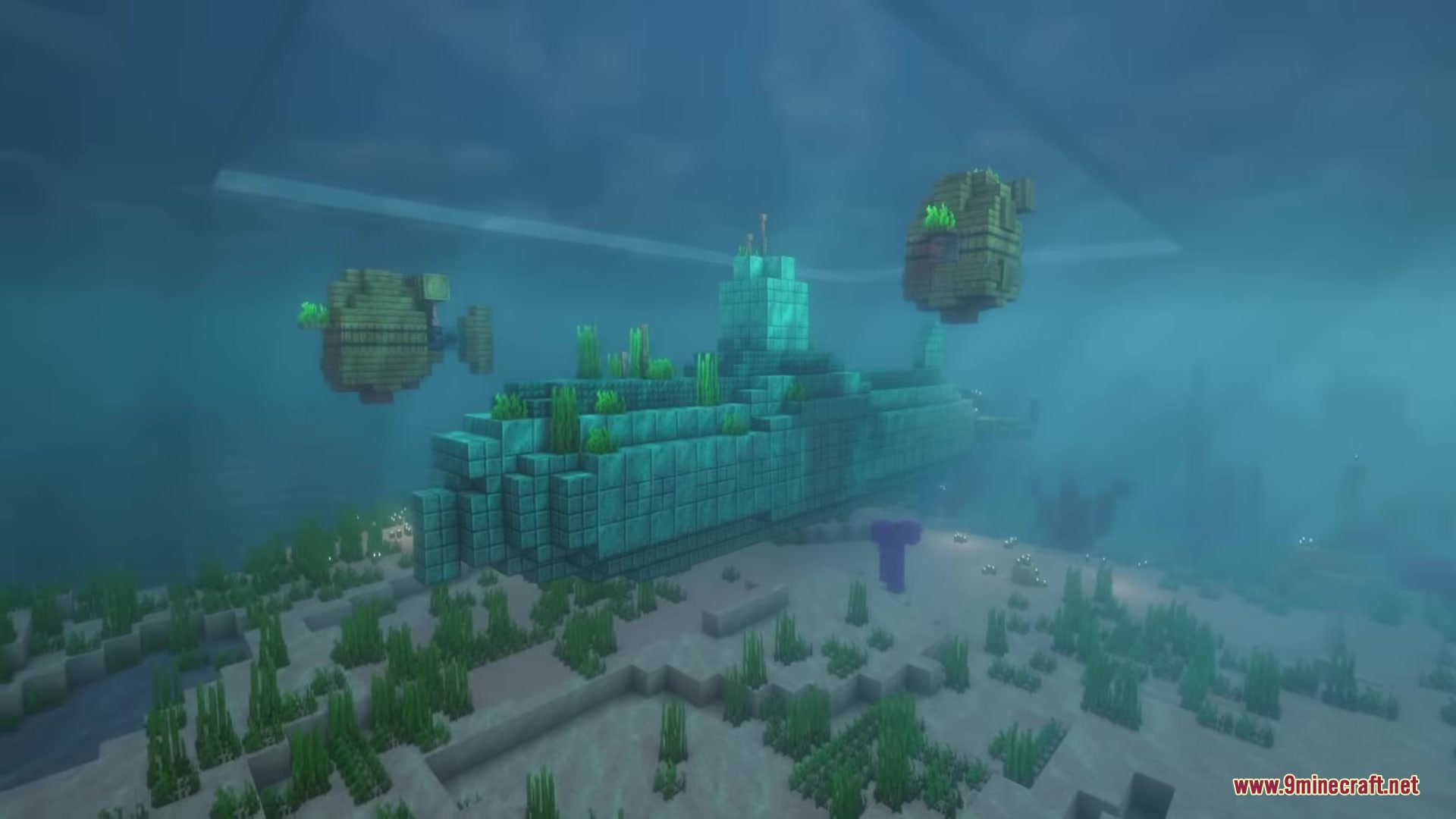Illager Structures Mod Screenshot 11 A large copper submarine resting on the ocean floor in a Minecraft world