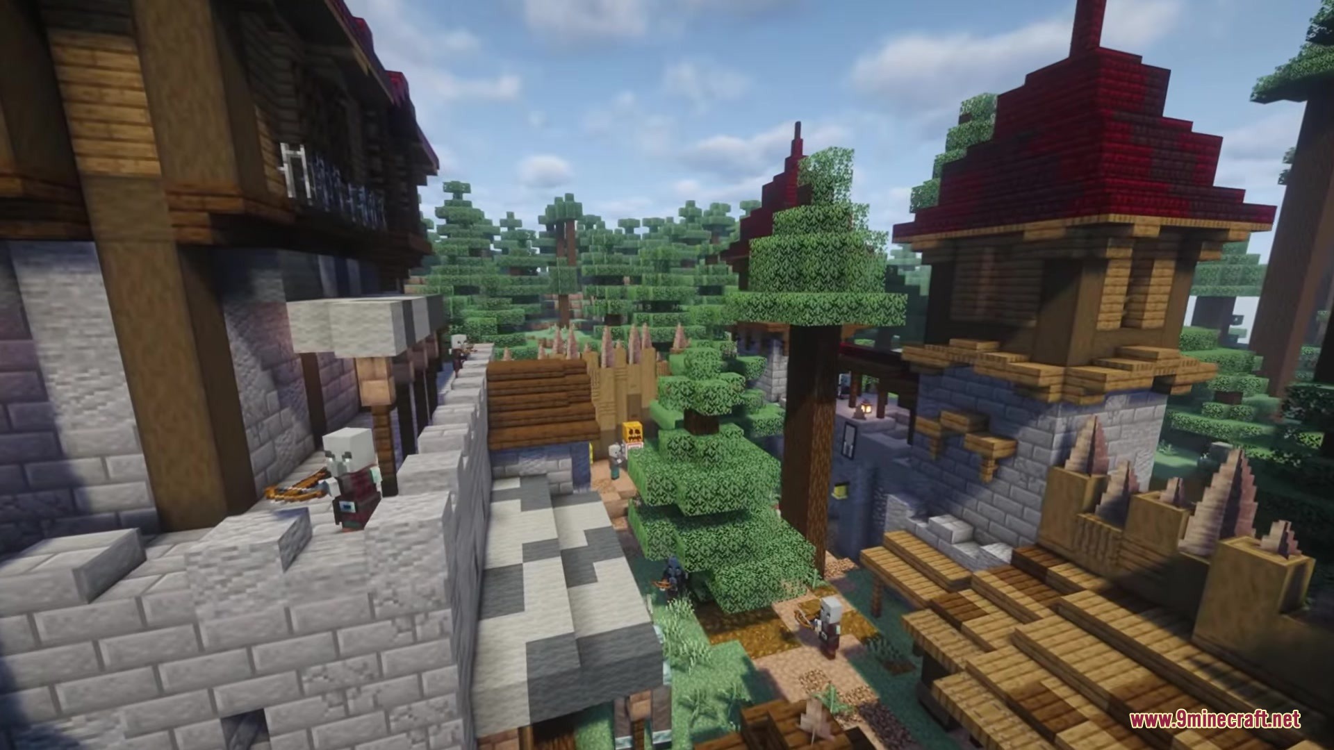 Illager Structures Mod Screenshot 14 A fortified illager settlement with tall watchtowers and wooden roofs in Minecraft