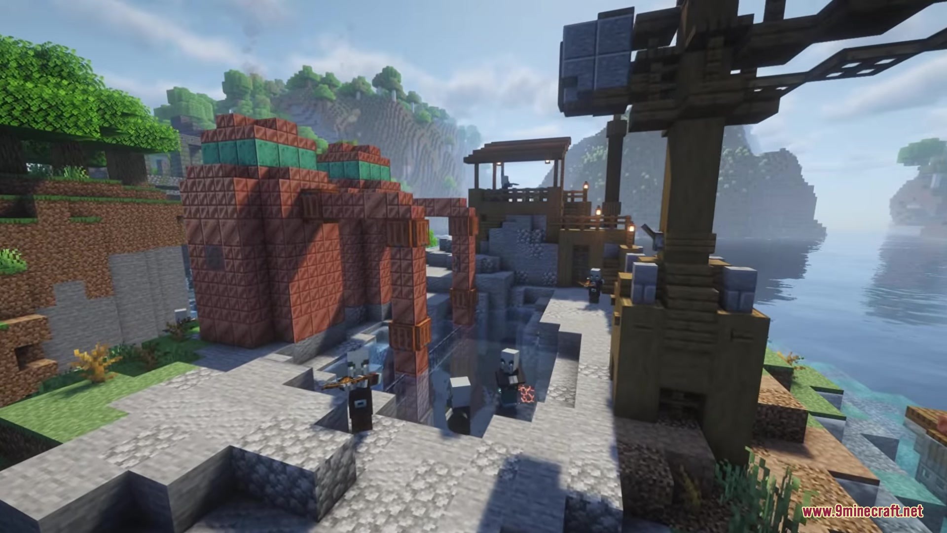 Illager Structures Mod Screenshot 15 Illagers guarding a copper industrial smeltery and large wooden crane near water