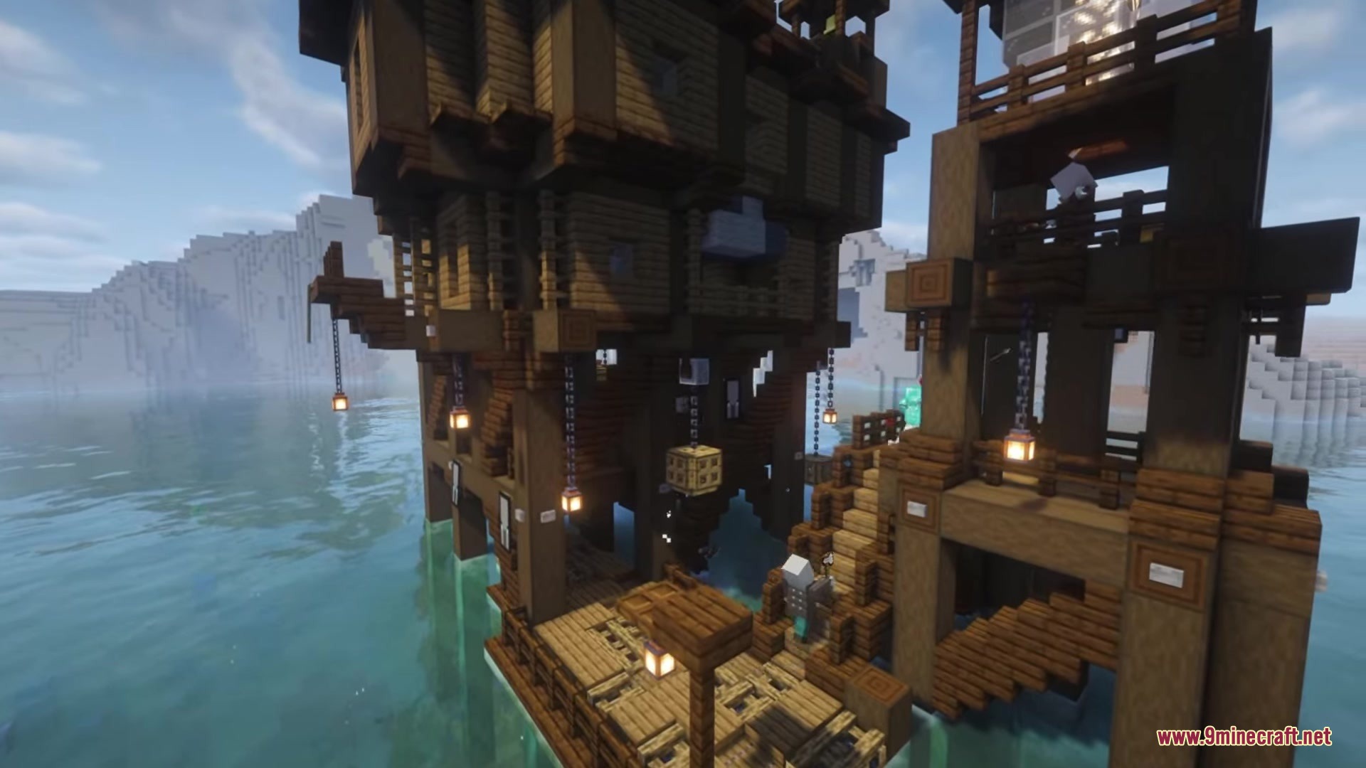 Illager Structures Mod Screenshot 17 Large wooden Illager base built on stilts over the clear ocean water