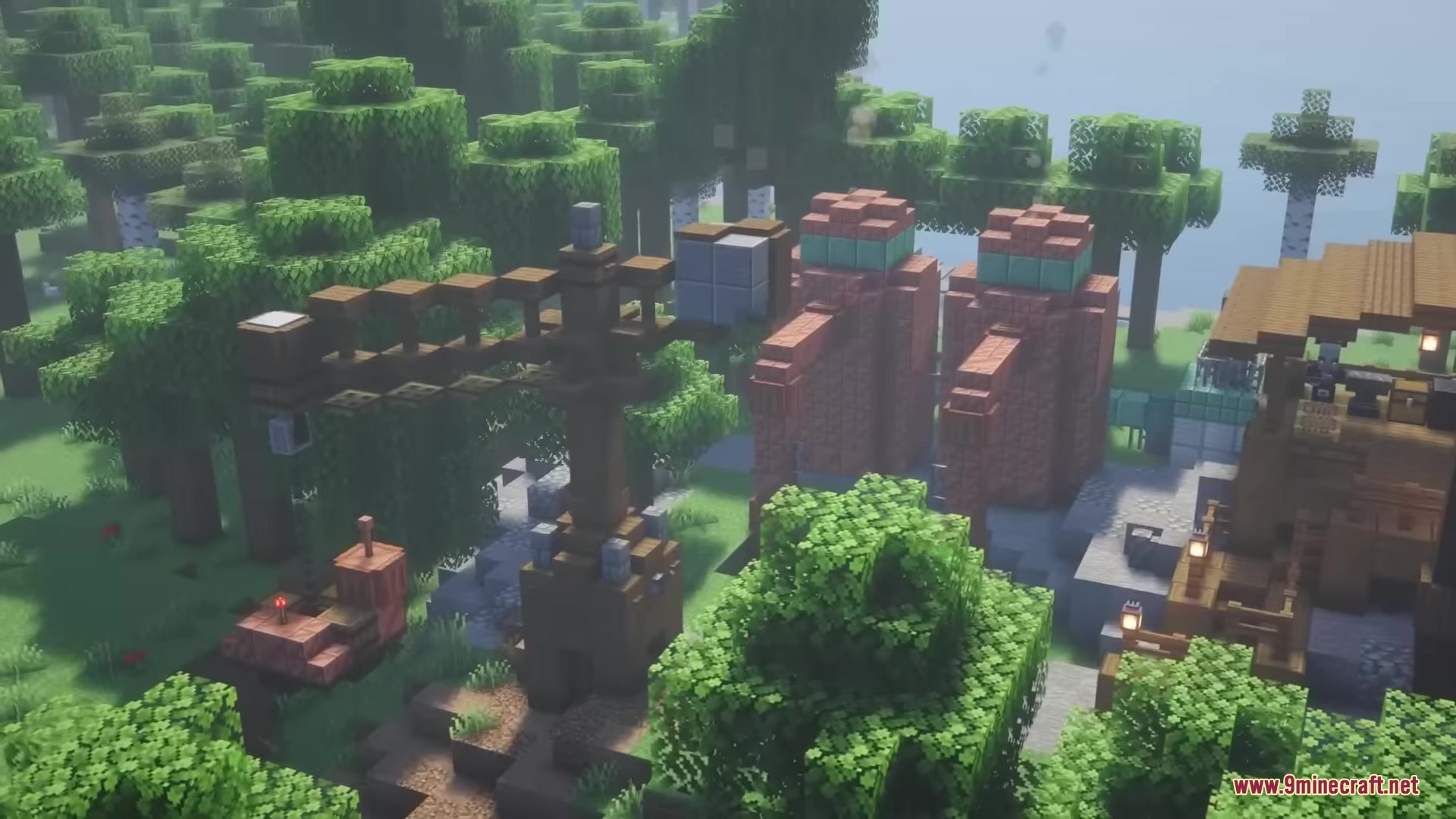 Illager Structures Mod Screenshot 2 An industrial area with a wooden crane and copper smelteries in a forest