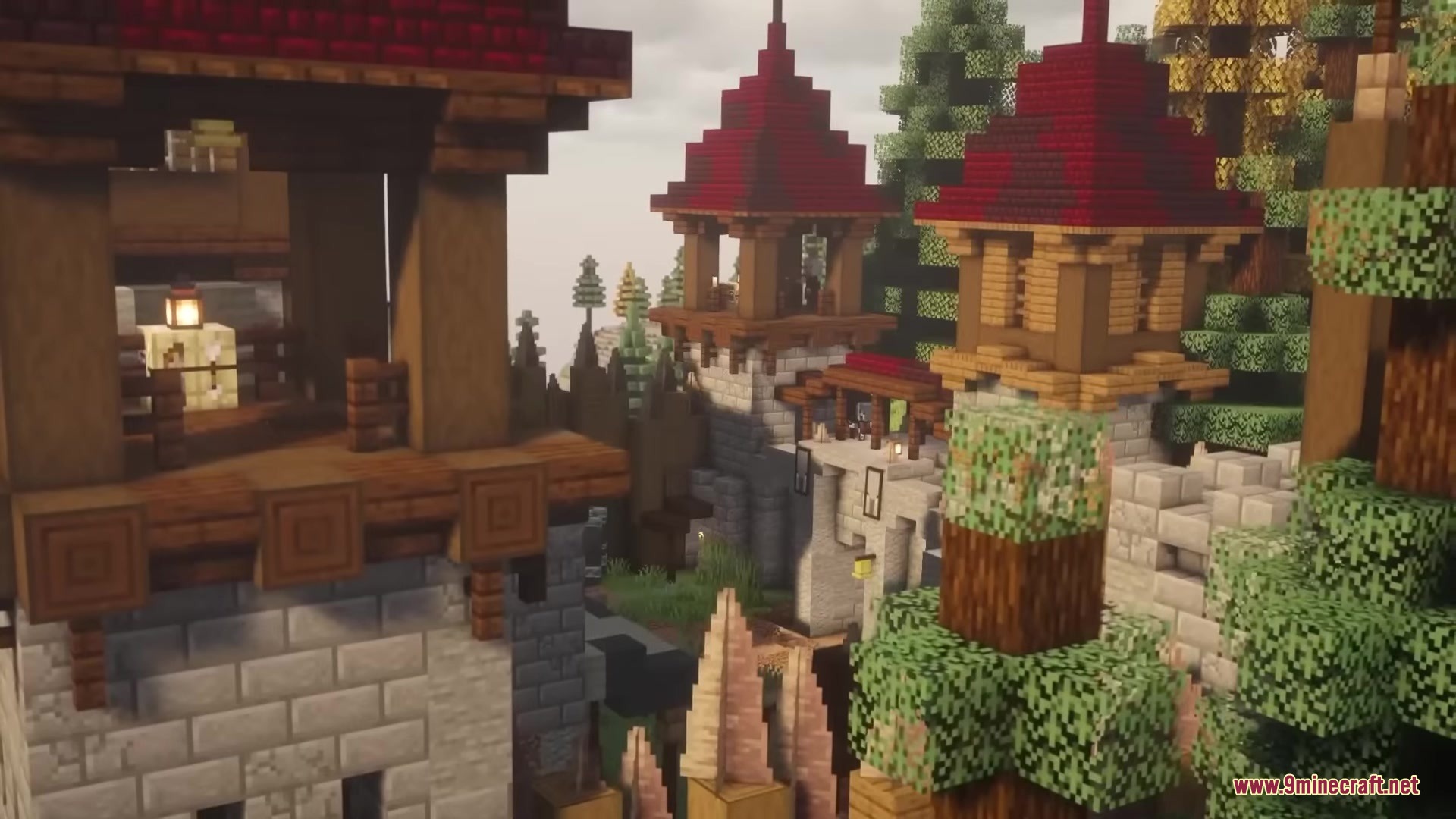 Illager Structures Mod Screenshot 4 Several Minecraft stone towers with red roofs and lanterns form a fortified base