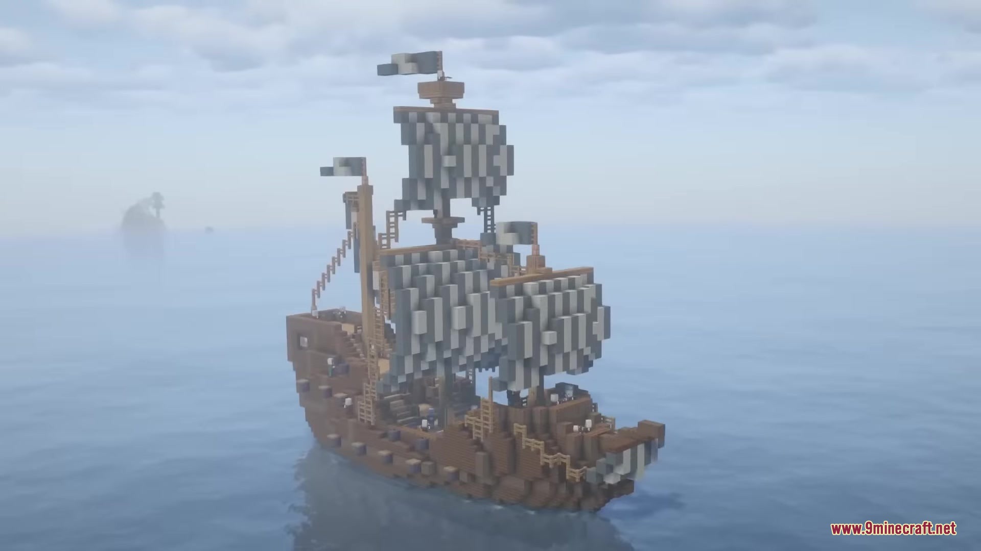 Illager Structures Mod Screenshot 5 A large wooden pirate ship with grey sails floating on the misty ocean