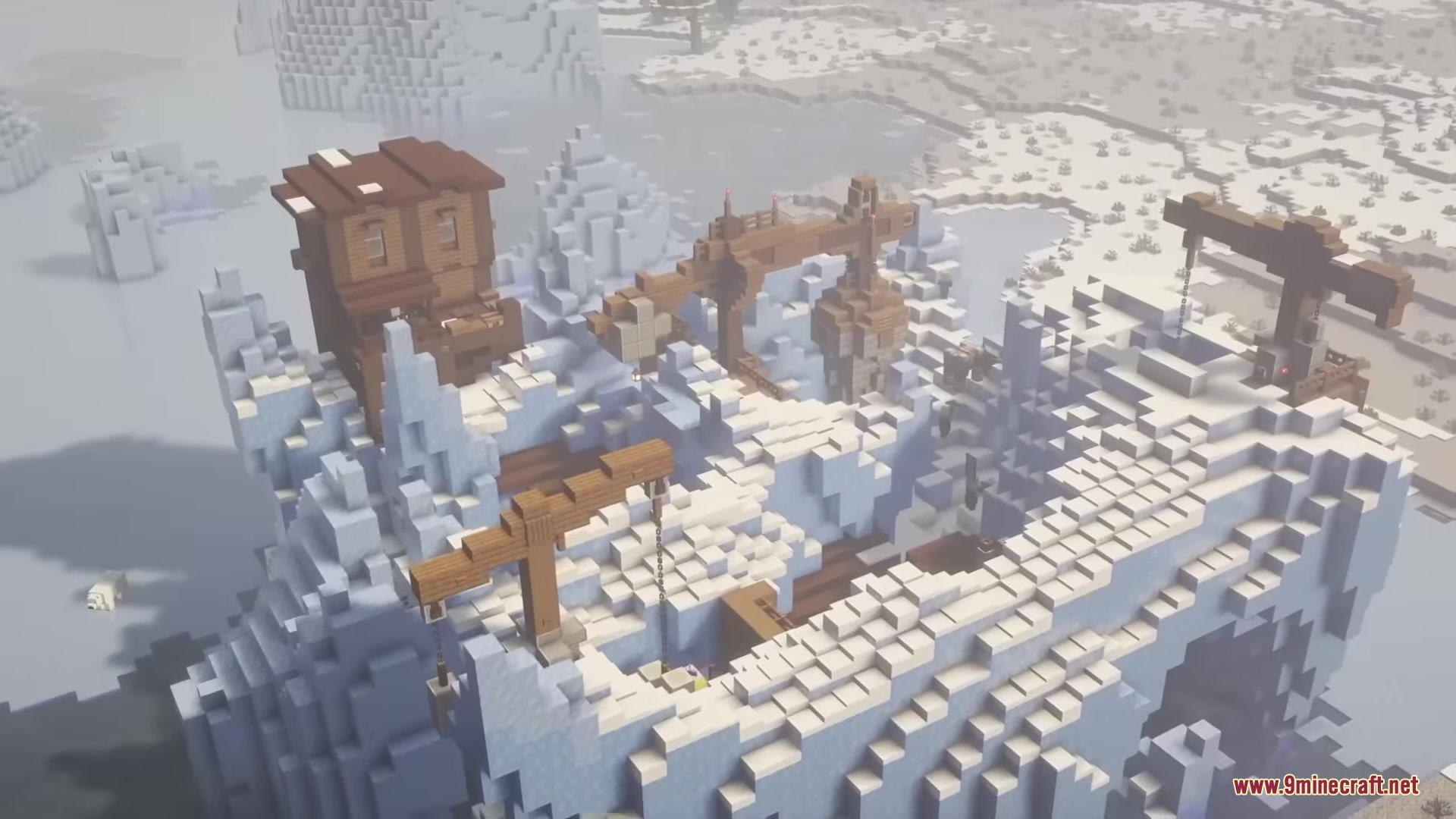 Illager Structures Mod Screenshot 6 Wooden cranes and buildings sit atop a massive frozen iceberg excavation site