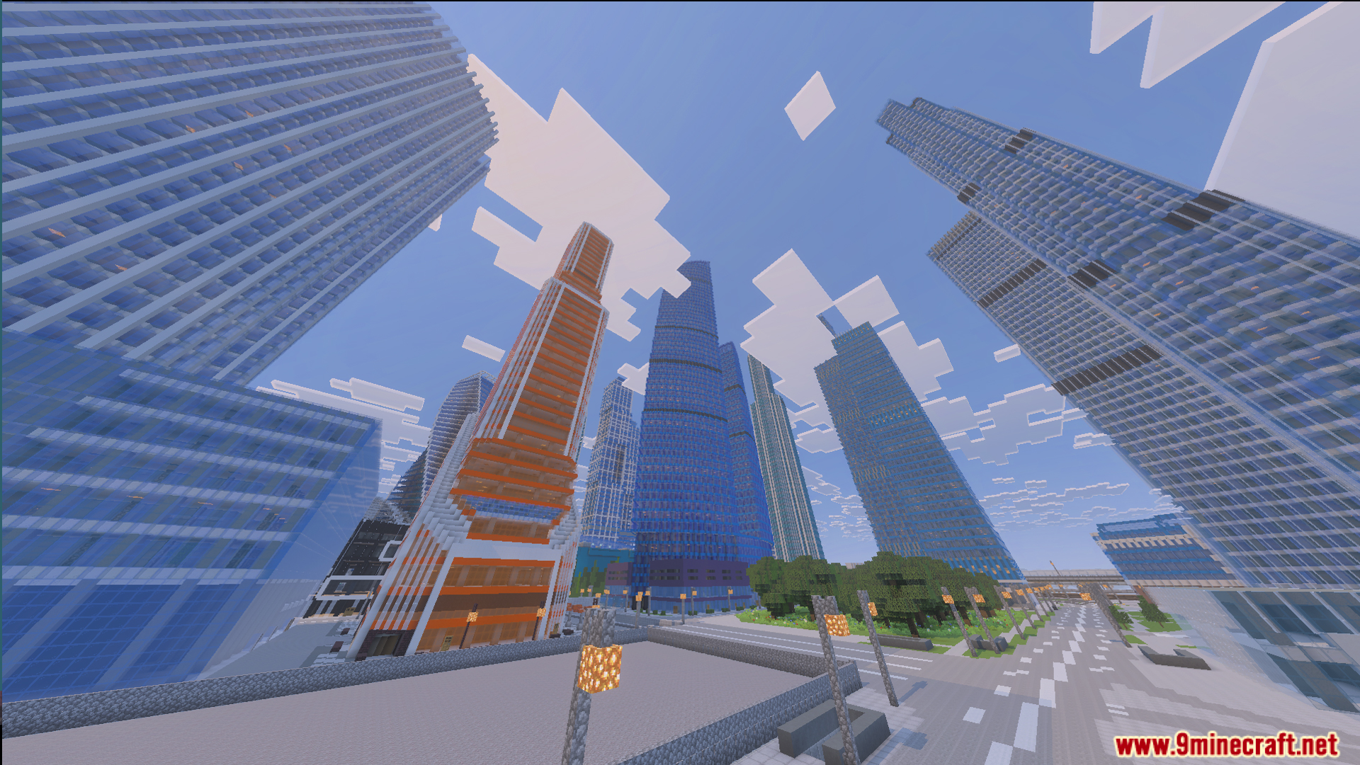Immersion Moscow Map Screenshot 1 Low angle view of towering skyscrapers and streetlights on a city road