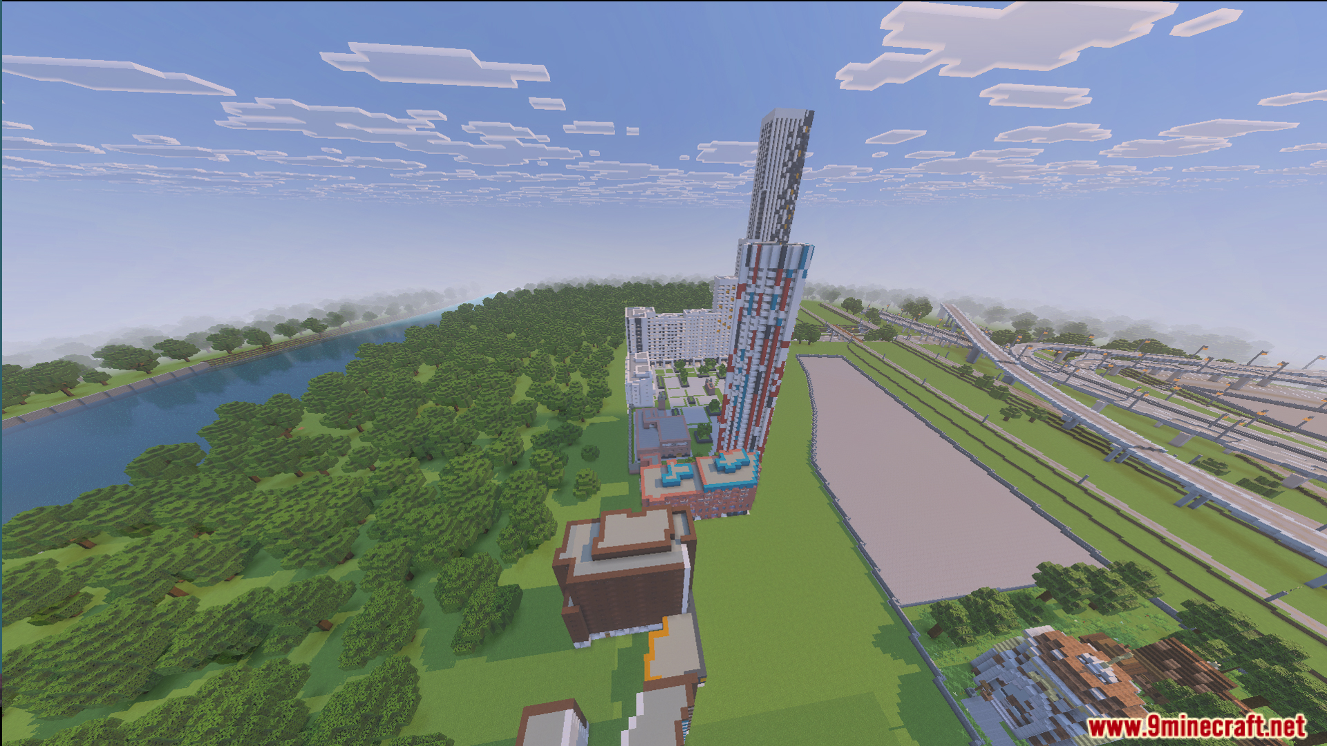 Immersion Moscow Map Screenshot 10 Aerial view of a river next to a forest and modern city buildings