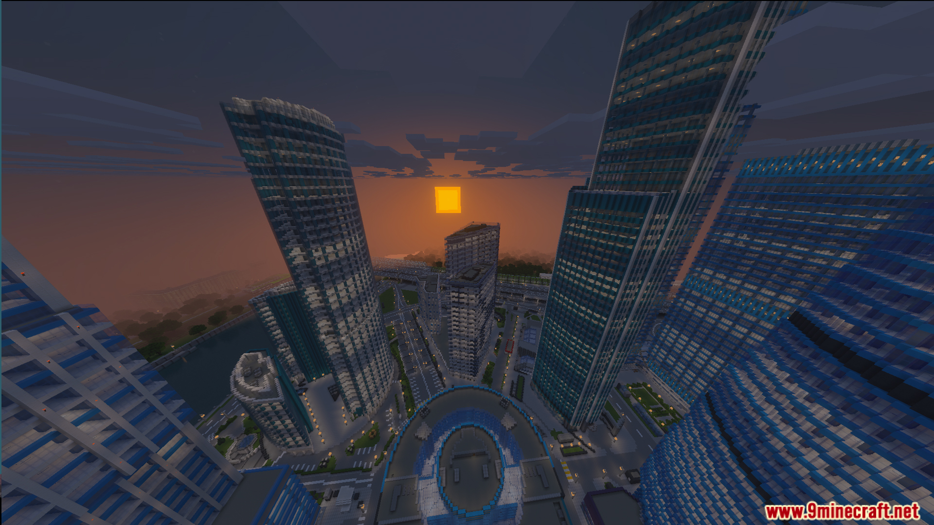 Immersion Moscow Map Screenshot 6 Looking up at tall city skyscrapers under a square orange sun