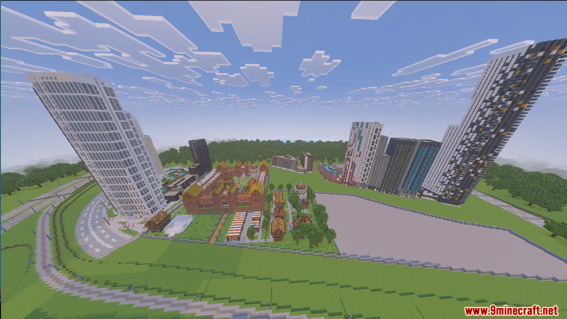 Immersion Moscow Map Screenshot 9 Wide view of a city with tall skyscrapers and red brick buildings